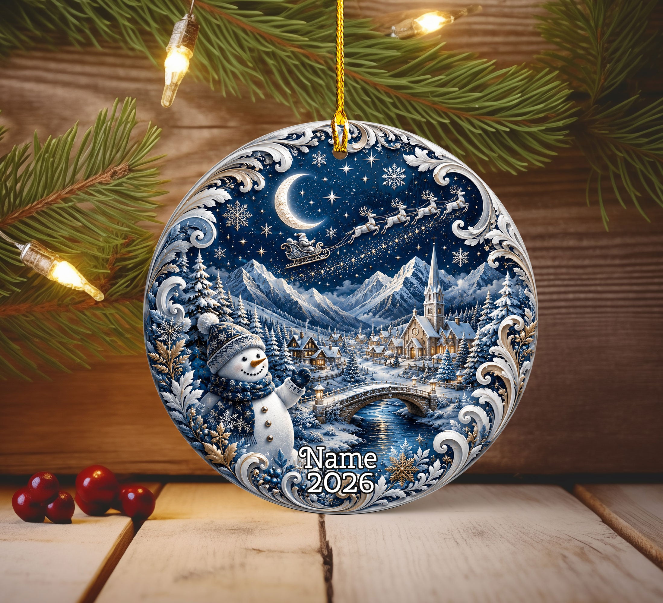Christmas Tree Ornament 2026 with Snowman and Winter Village, Blue Ceramic Ornament, Holiday Decoration