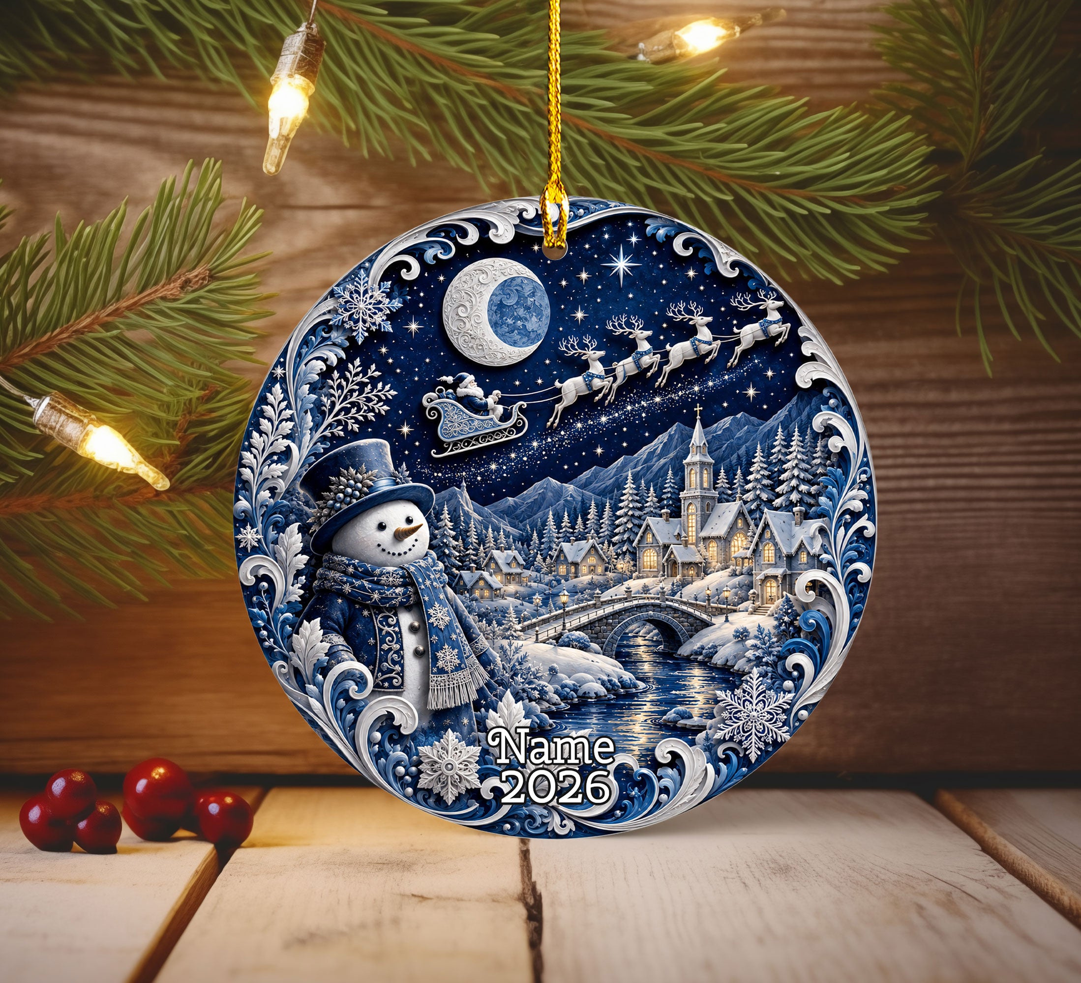 Blue Christmas Village Ornament 2026, Snowman Holiday Ornament, Ceramic Christmas Decoration