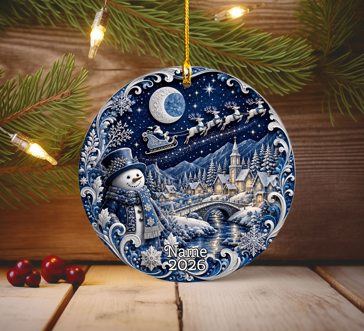 Blue Christmas Village Ornament 2026, Snowman Holiday Ornament, Ceramic Christmas Decoration