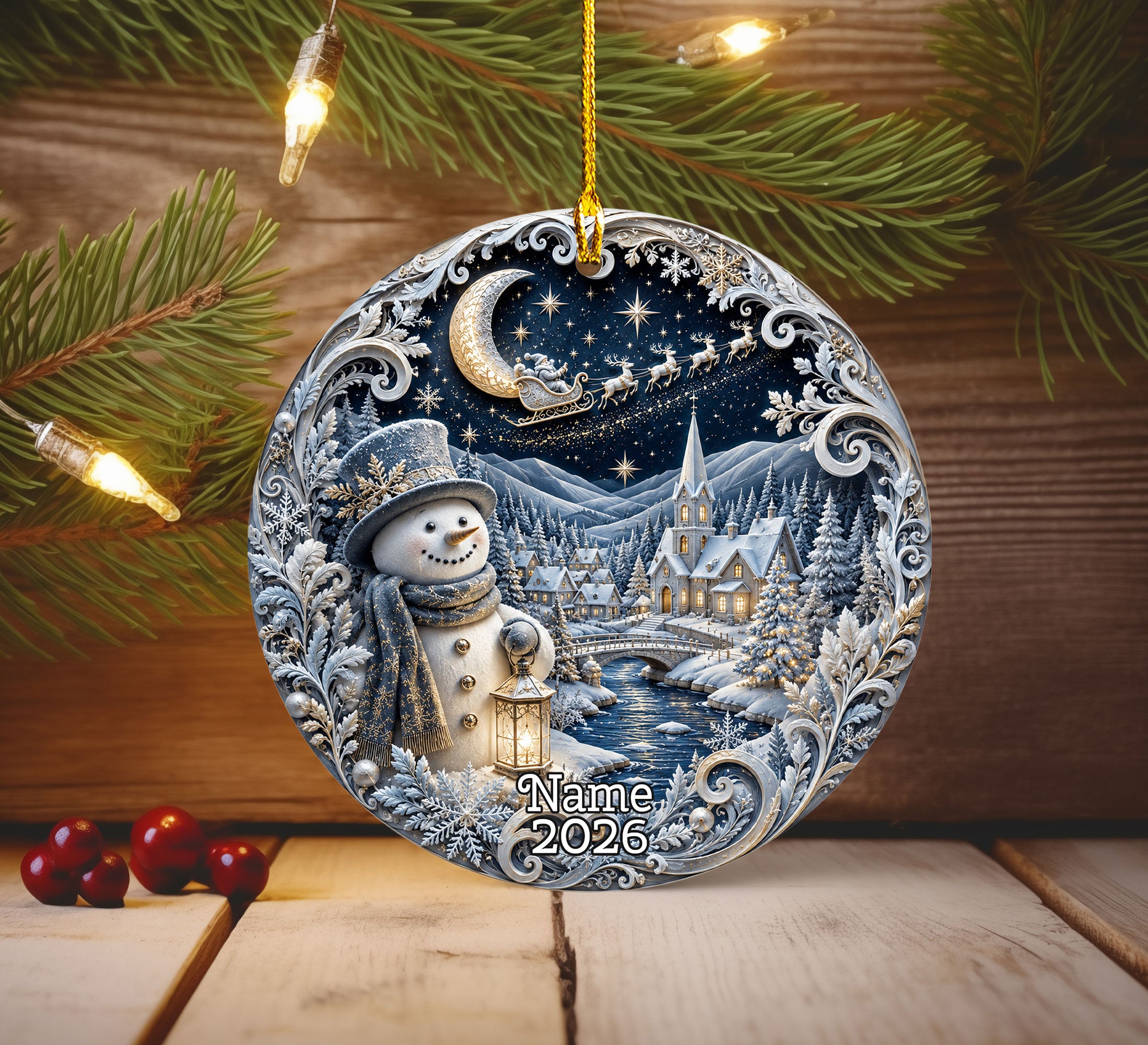 Blue Christmas Village Ornament 2026, Snowman Holiday Ornament, Ceramic Christmas Decoration, Winter Home Decor