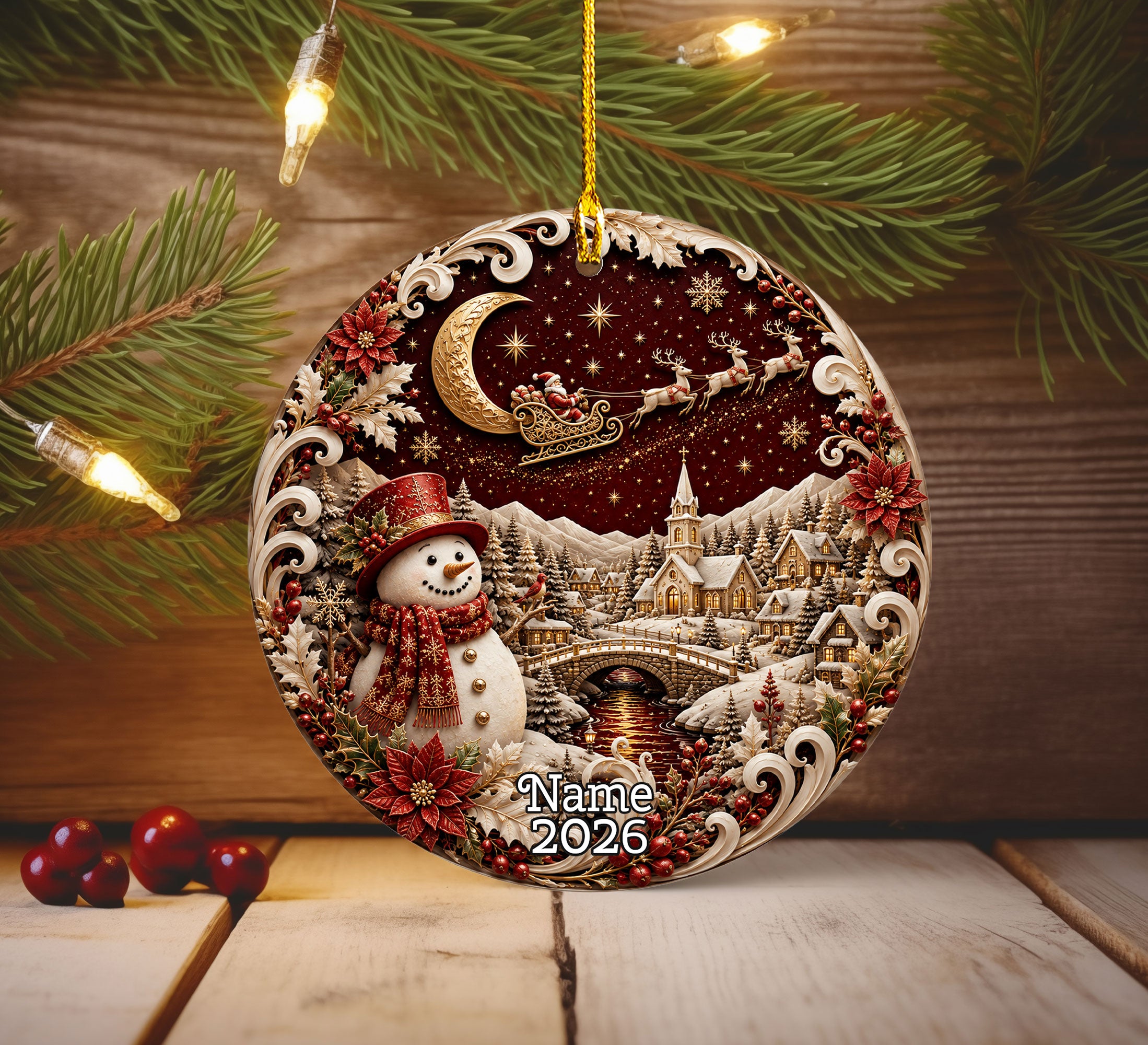 Red Snowman Christmas Ornament 2026, Winter Village Tree Ornament, Ceramic Holiday Decoration