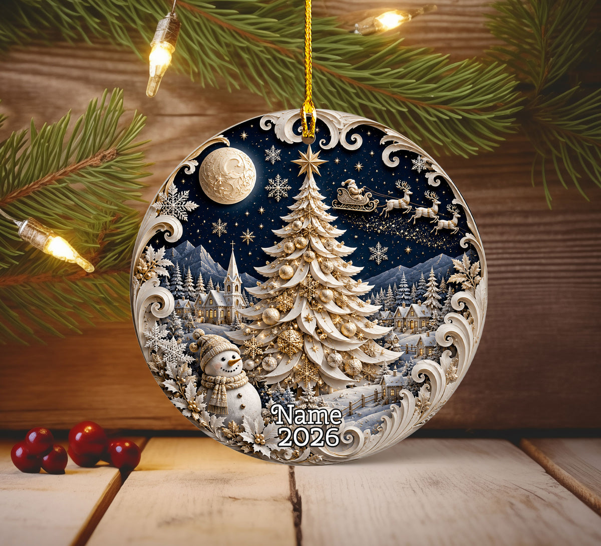 Christmas Ornament 2026 Blue Winter Village with Snowman, Ceramic Tree Ornament, Holiday Decoration