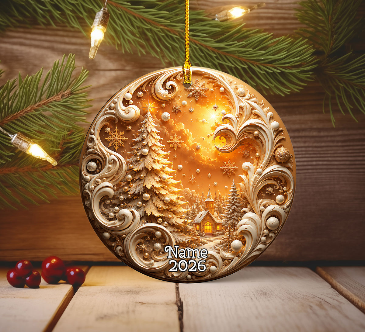 Golden Christmas Tree Ornament 2026, Cozy Winter Village Ornament, Christmas Tree Keepsake, Holiday Gift, Festive Seasonal Home Decoration