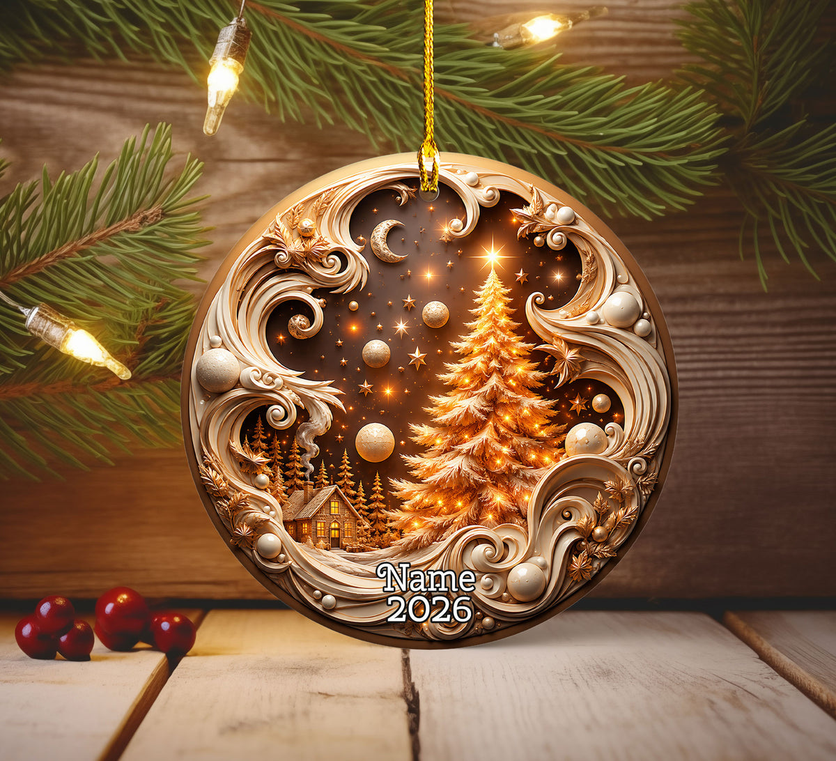 2026 Golden Christmas Tree Ornament, Winter Village Christmas Ornament, Elegant Holiday Tree Decoration