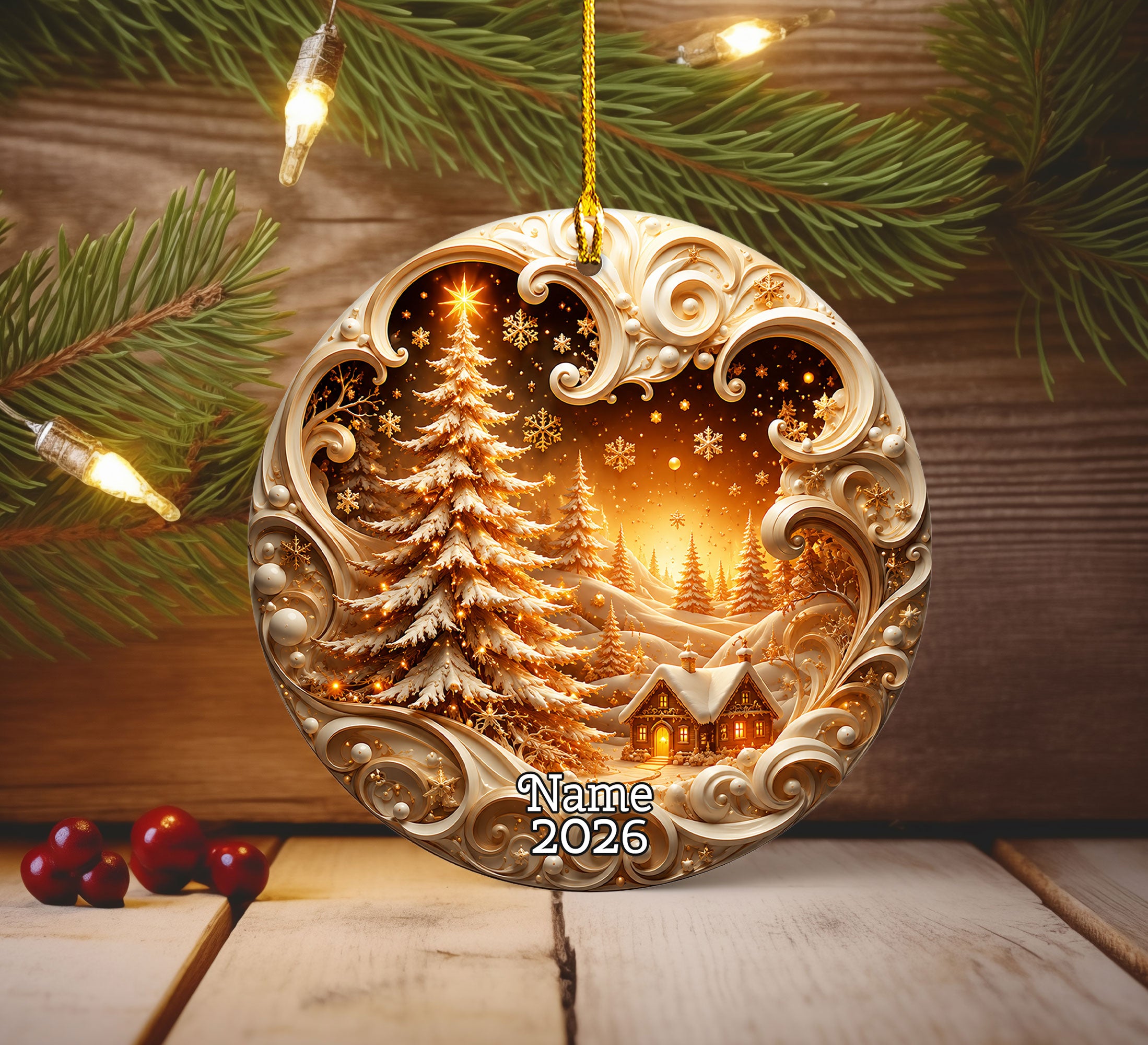 Christmas Ornament 2026, Custom Name Christmas Tree Church Winter Night Ornament, Snowflake Holiday Keepsake