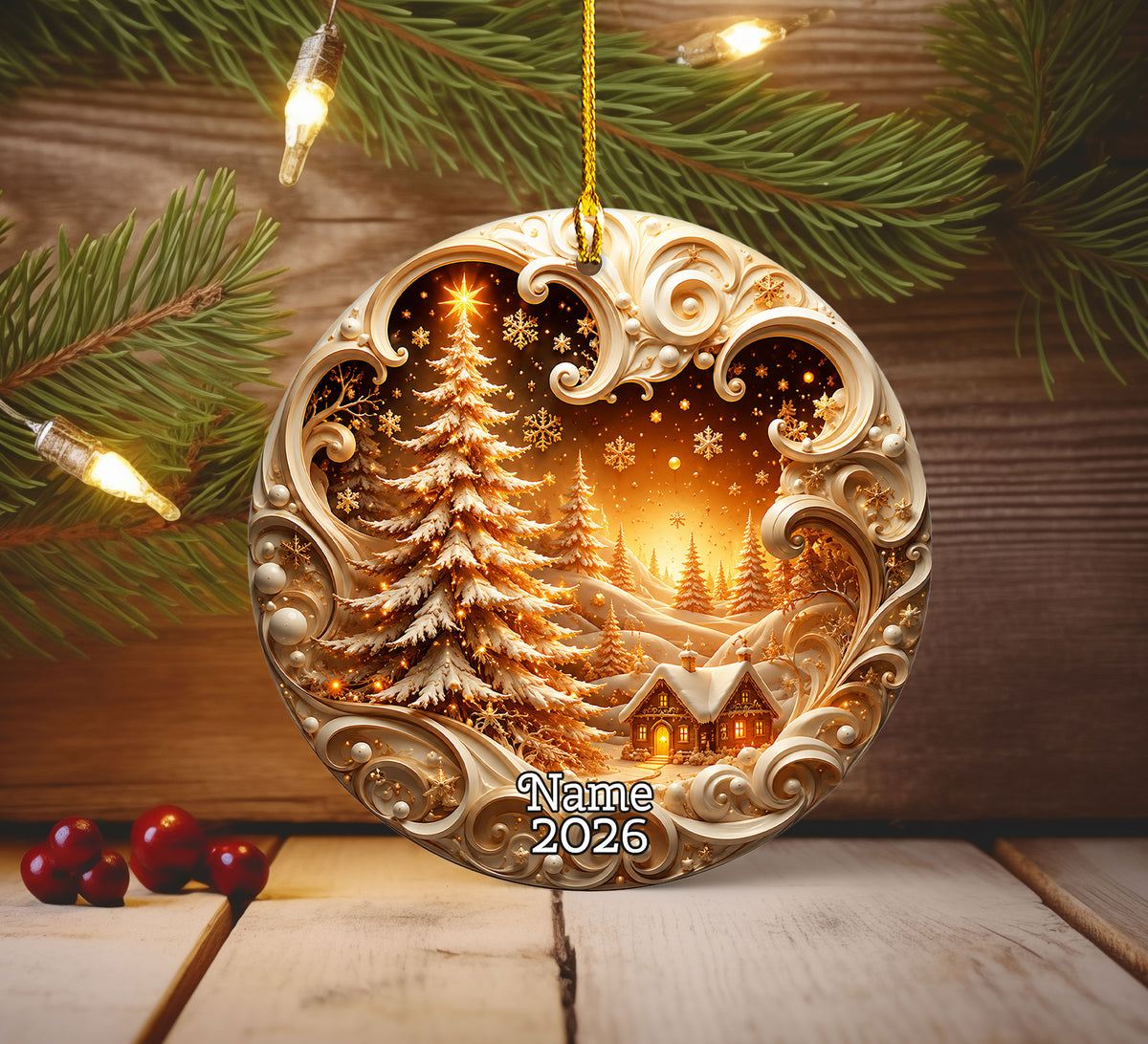 Christmas Ornament 2026, Custom Name Christmas Tree Church Winter Night Ornament, Snowflake Holiday Keepsake