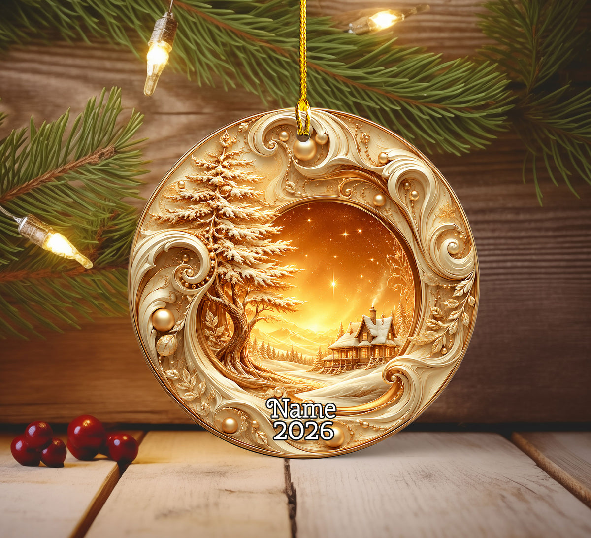Golden Christmas Tree Ornament 2026, Tree of Life Ceramic Ornament, Winter Landscape Holiday Decoration, Christmas Gift Keepsake