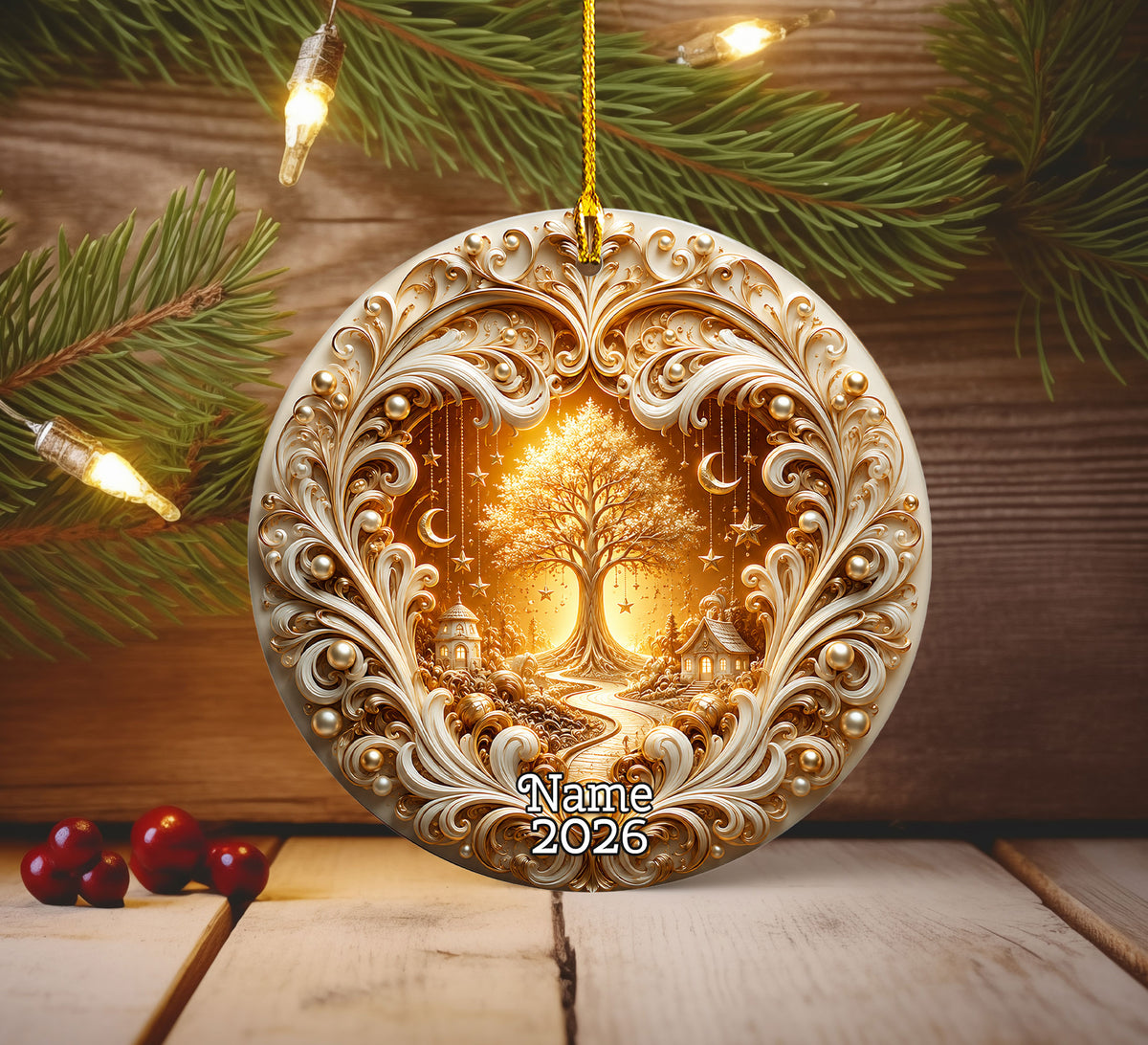 Tree of Life Christmas Ornament 2026, Golden Ceramic Christmas Ornament, Winter Holiday Decoration, Christmas Gift for Friends and Family
