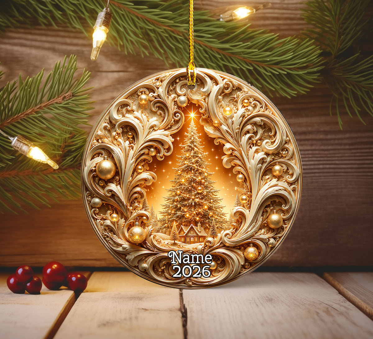 Christmas Tree Ornament 2026, Gold Ceramic Christmas Ornament, Holiday Decoration, Christmas Tree Decor