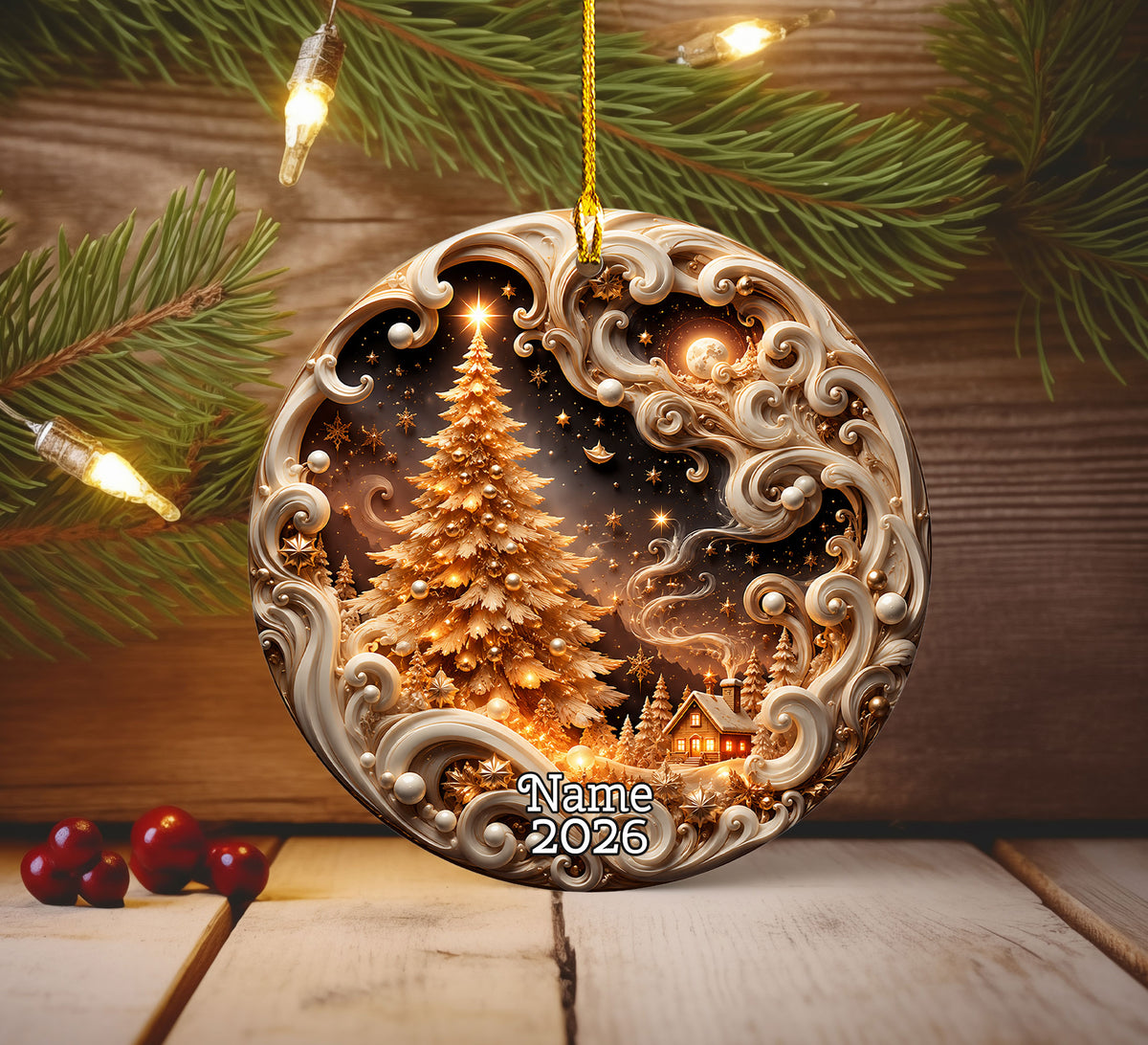Elegant Christmas Tree Ornament 2026, Golden Winter Landscape Ornament, Holiday Keepsake Decoration