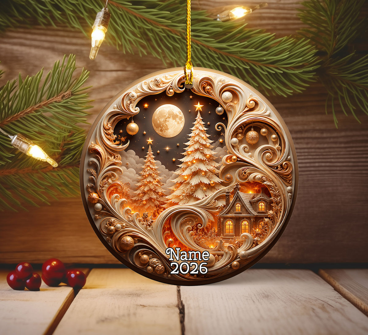 Elegant Christmas Tree Ornament 2026, Gold Holiday Ceramic Ornament, Christmas Decoration, Winter Home Decor, Christmas Gift Idea