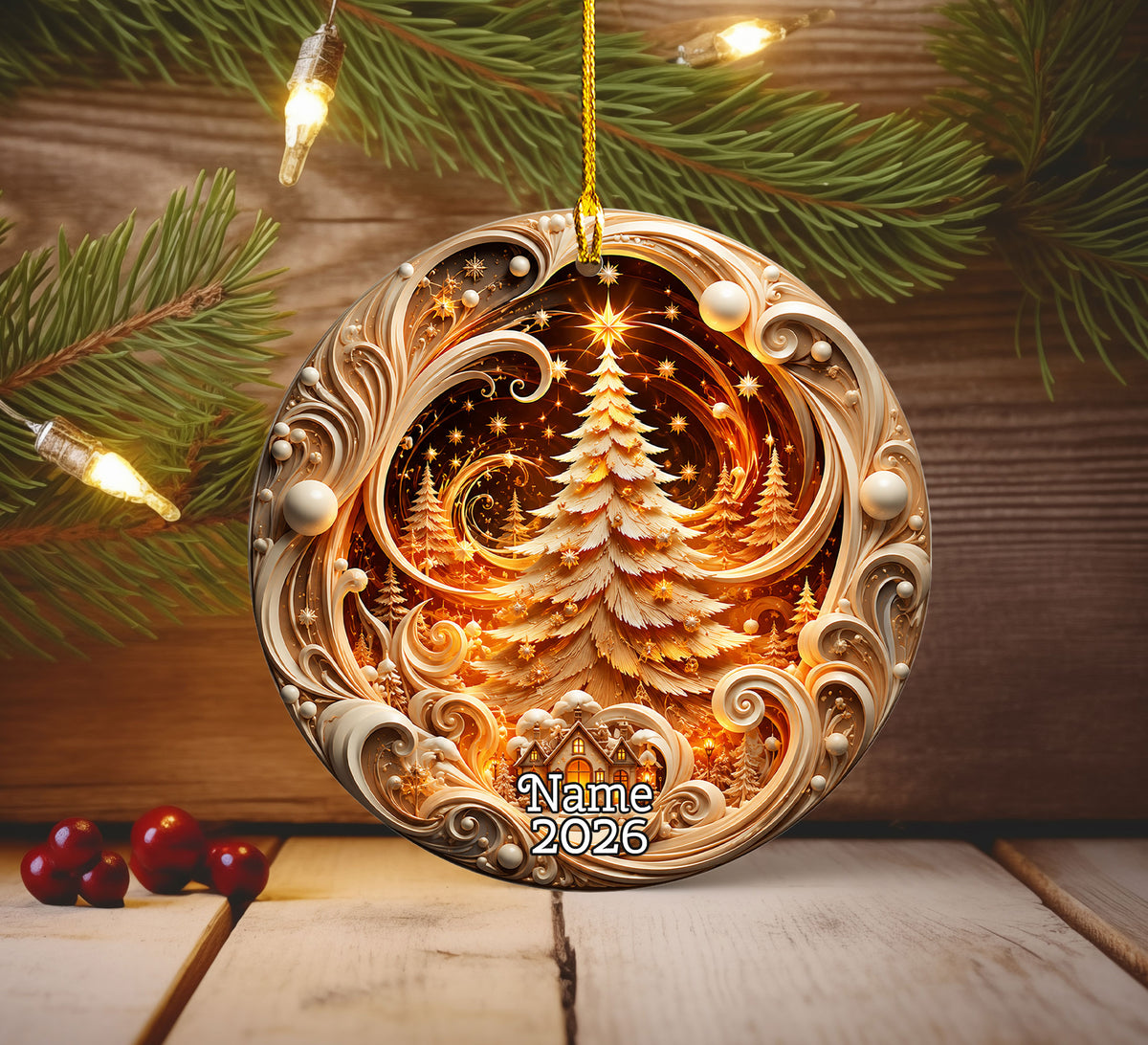 Ceramic Christmas Tree Ornament 2026, Gold Christmas Decoration, Holiday Keepsake Ornament, Christmas Gift for Home and Family