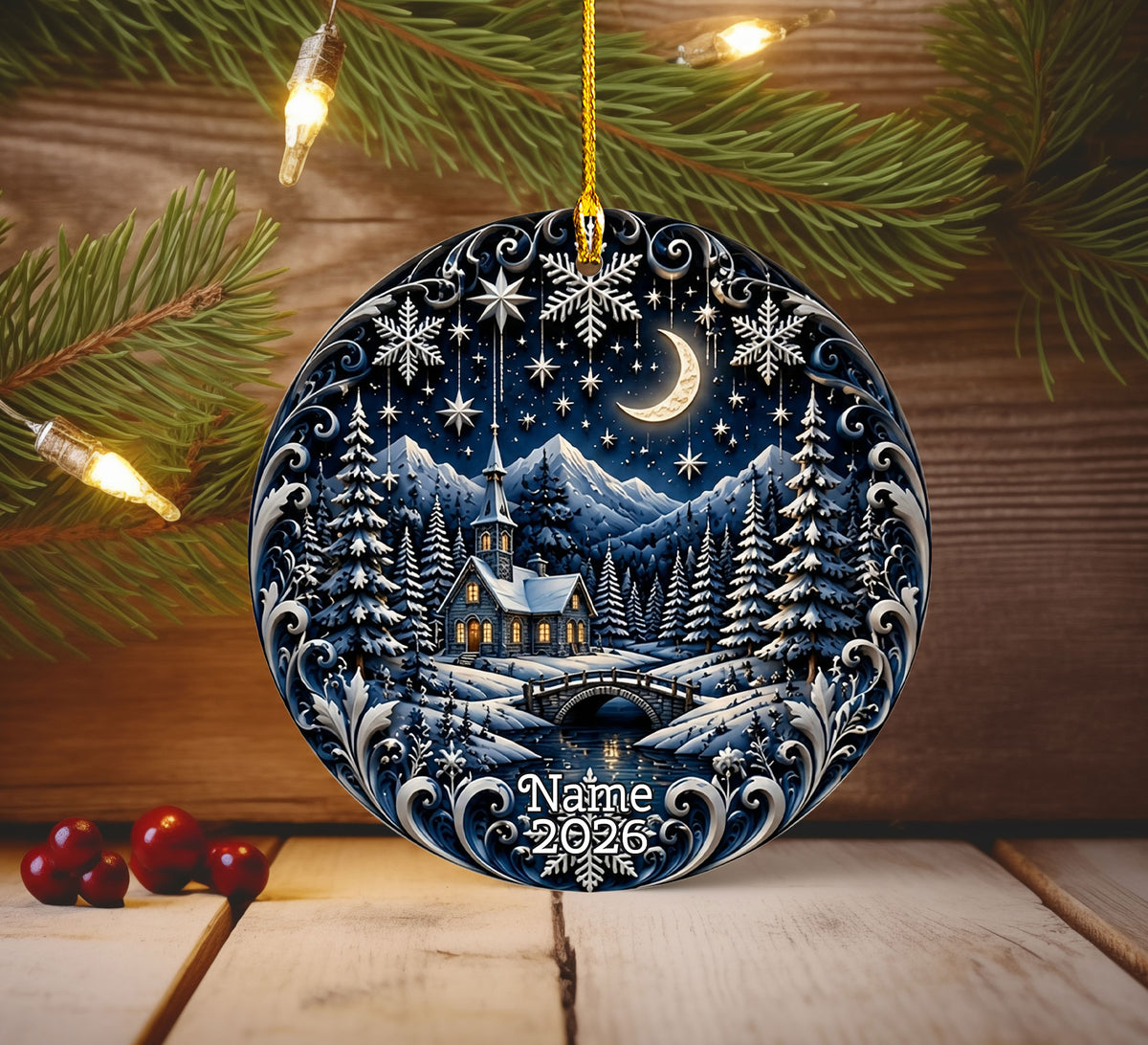 Moonlit Christmas Ornament 2026, Winter Night Ceramic Ornament, Holiday Tree Decoration, Peaceful Christmas Keepsake