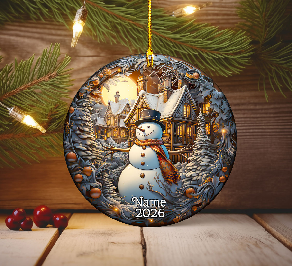 Rustic Snowman Ornament 2026, Christmas Tree Ceramic Ornament, Winter Holiday Decoration, Snowman Keepsake Gift for Family