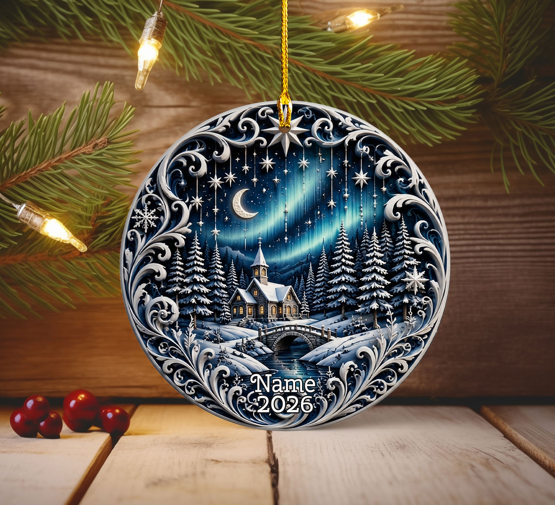 Aurora Borealis Christmas Night Ornament 2026, Moonlit Winter Village Ceramic Ornament, Holiday Tree Decoration
