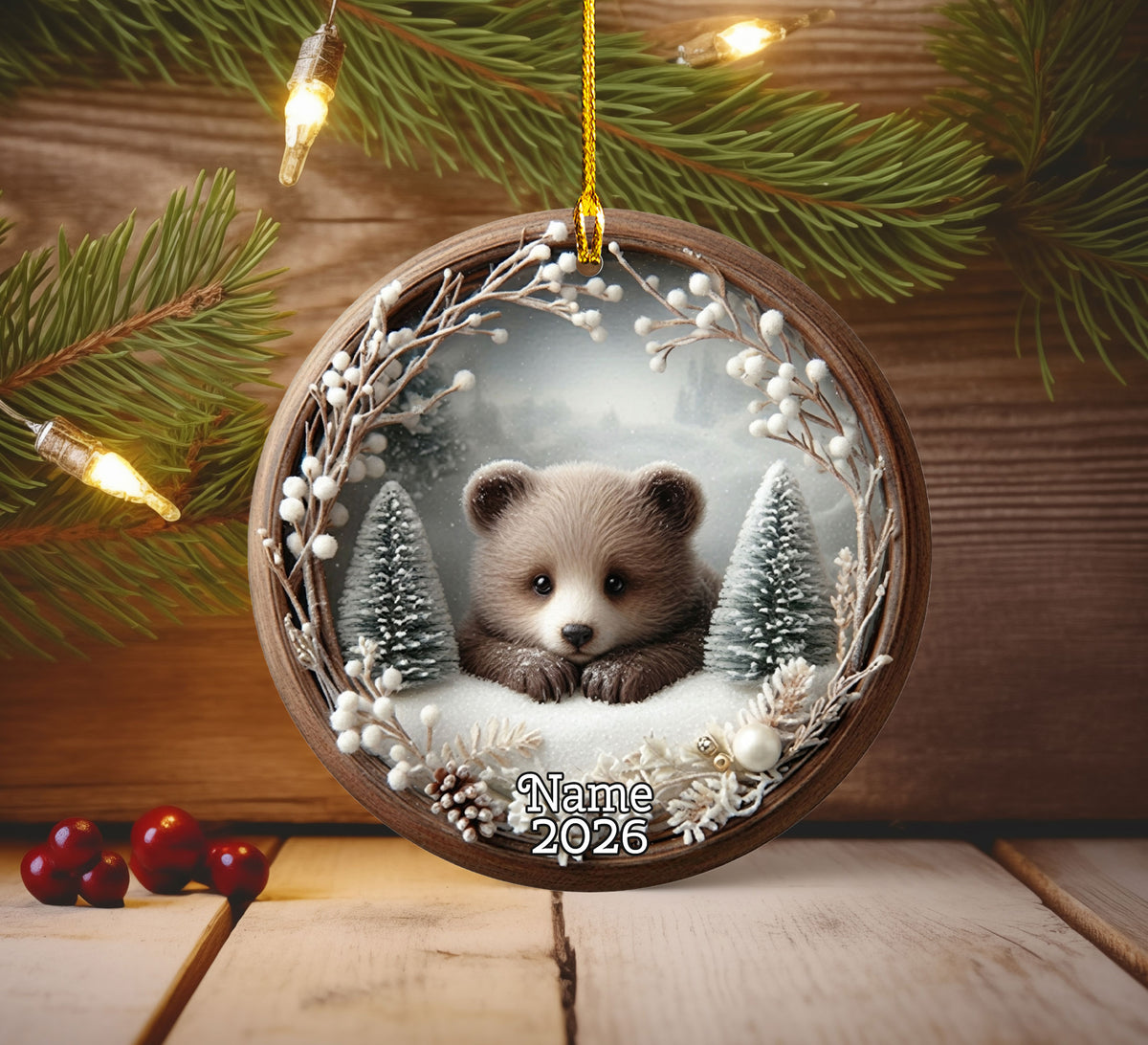 Baby Bear Christmas Ornament 2026, Cute Woodland Bear Ornament, Winter Forest Christmas Tree Decor
