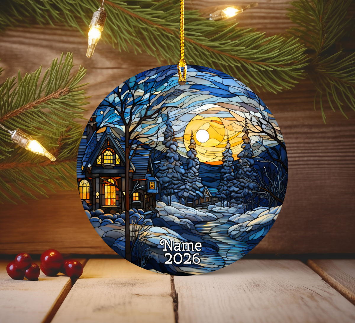 Stained Glass Style Christmas Night Ornament, Holiday Gift, Ceramic Round Ornament, Dated Ornament, Festive Holiday Decorations