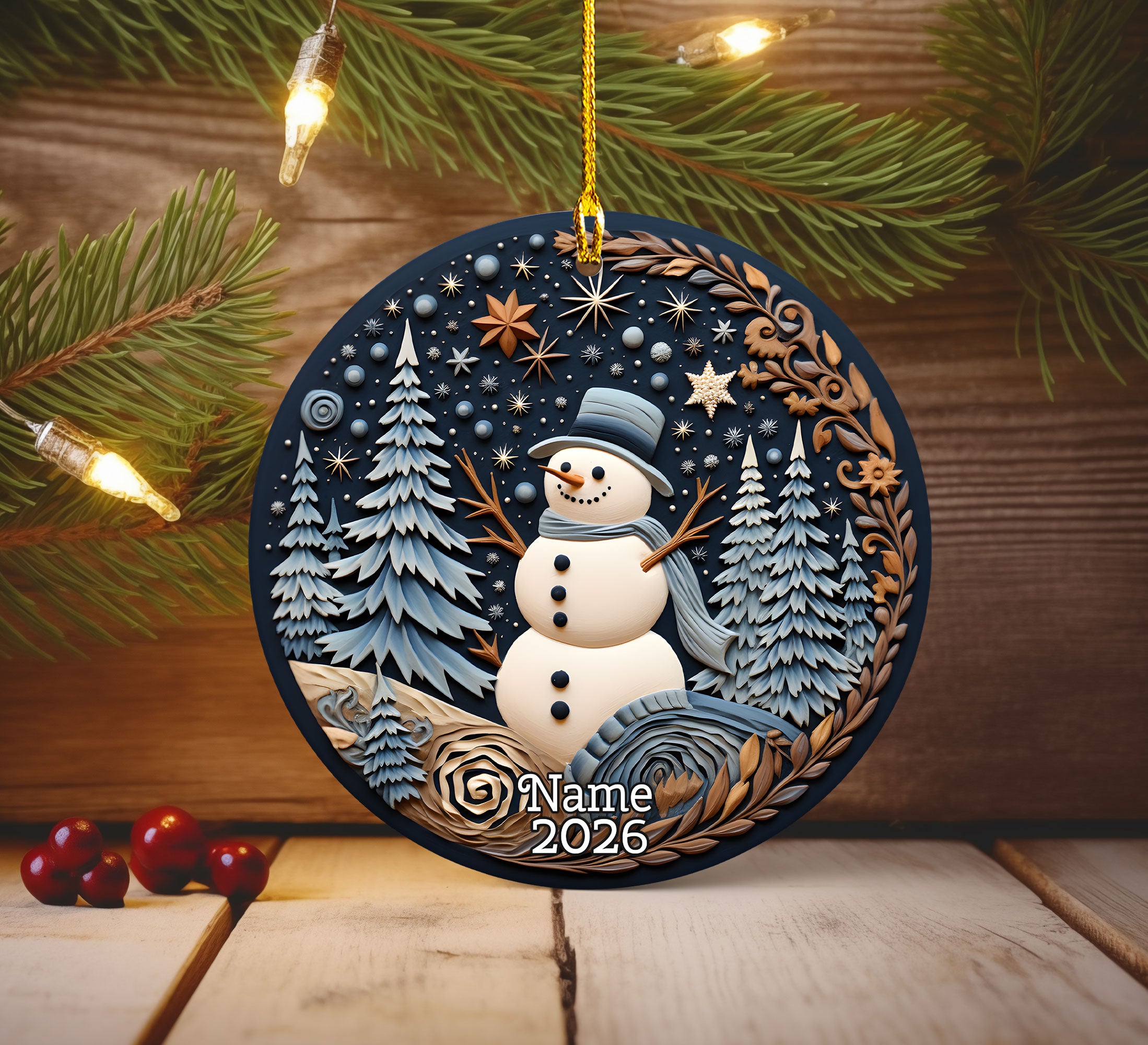Snowman Starry Night Christmas Ornament, Custom Name 2025 Winter Keepsake, Cute Snow Scene Holiday Tree Decoration