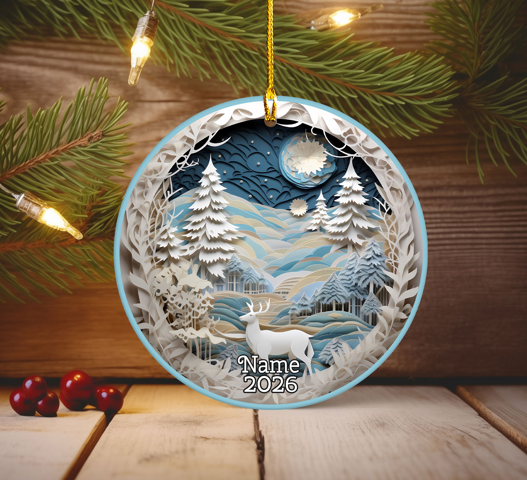 Christmas Winter Wonderland Ornament, Christmas Tree Decoration, Holiday Gift, Ceramic Round Ornament, Dated Ornament