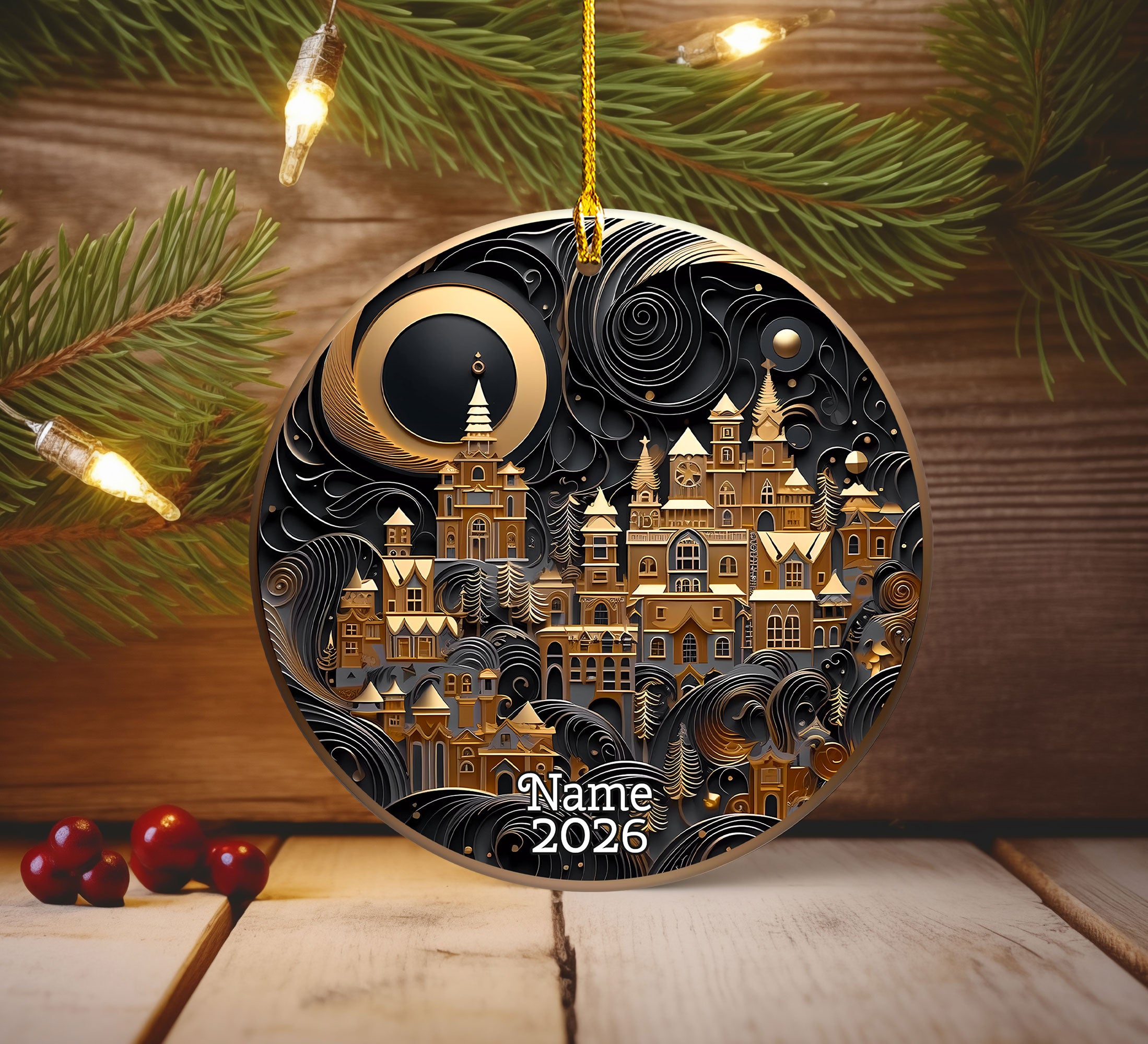 Golden Christmas Village Ornament, Christmas Tree Ornament 2026, Christmas Ornament