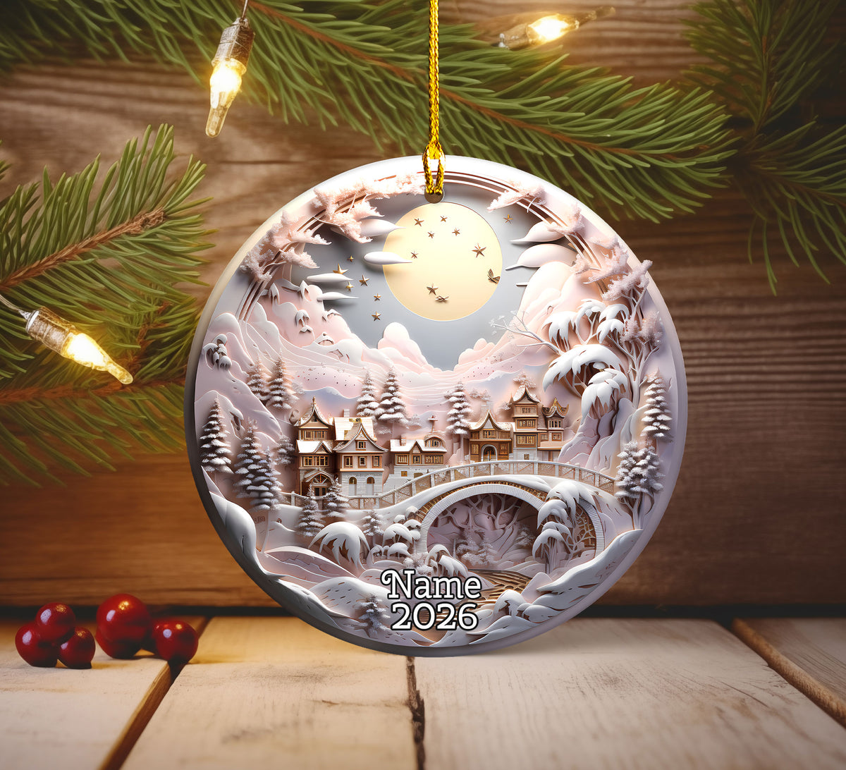 Snowy Castle Christmas Ornament 2026, Fairytale Pink Landscape Ceramic Ornament, Fantasy Holiday Tree Decor, Winter Christmas Keepsake Gift