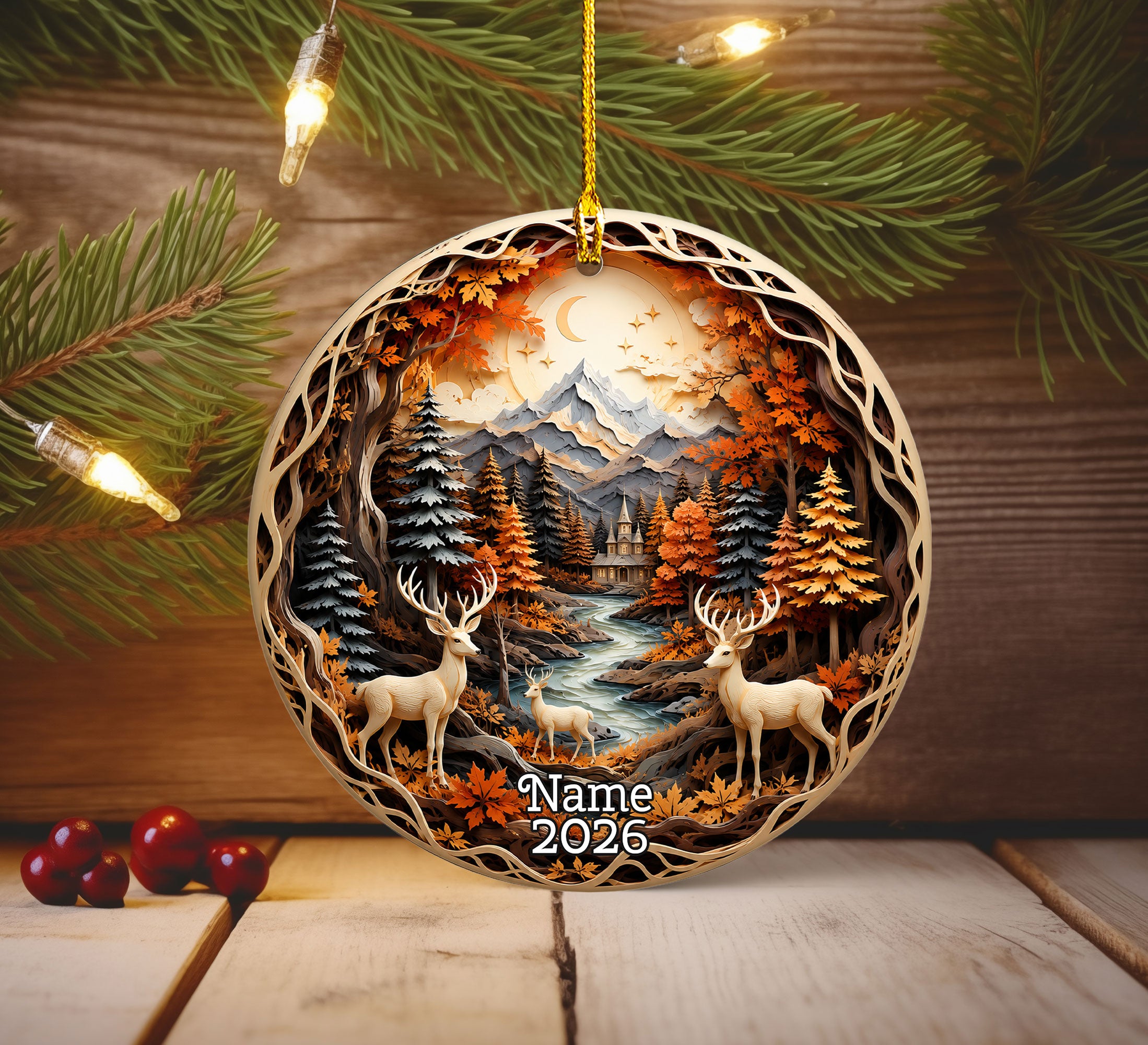 Christmas Deer Ornament 2026, Woodland Forest Christmas Tree Decor, Rustic Holiday Ornament, Winter Cabin Scene