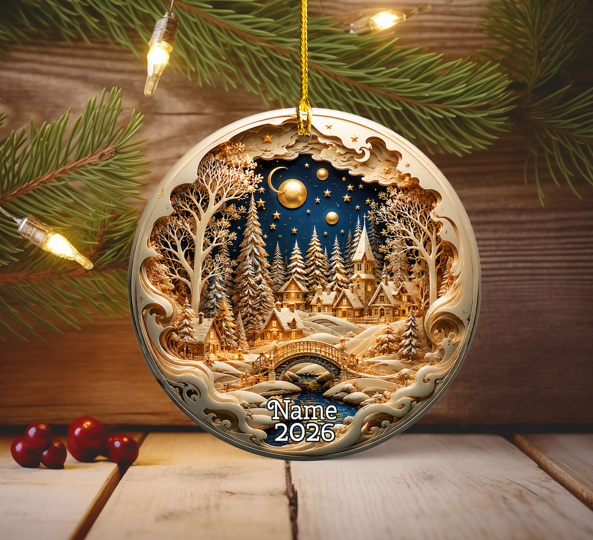 Christmas Village Decor Ornament 2026, Snowy Winter Christmas Scene, Holiday Tree Decoration, Keepsake Ornament