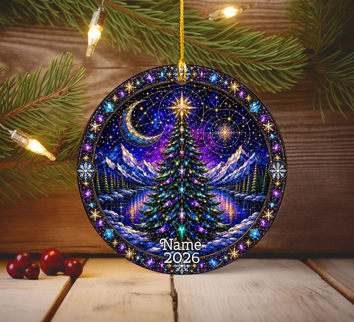 Winter Christmas Tree Ornament 2026, Aurora Sky Christmas Decor, Holiday Ornament, Snowy Mountain Landscape