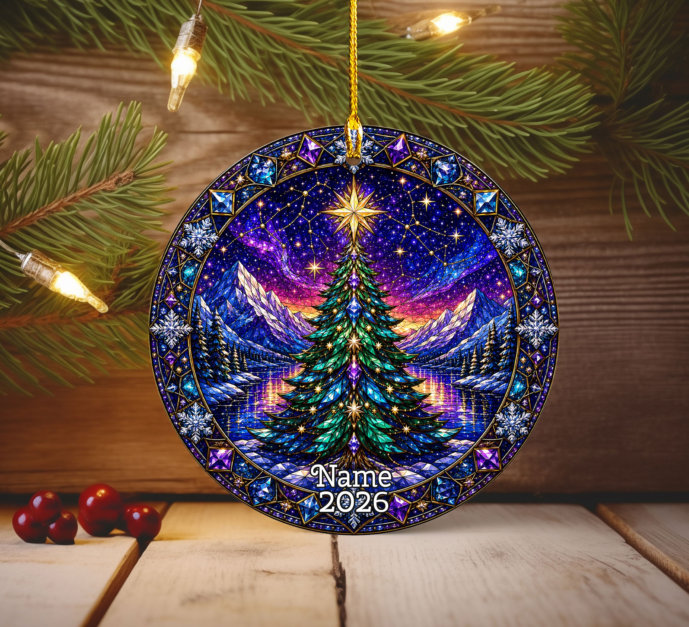 Christmas Tree Ornament 2026, Winter Mountain Landscape, Aurora Christmas Decor, Holiday Tree Decoration
