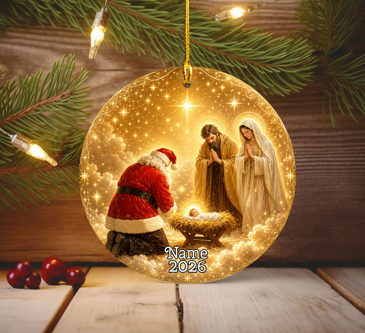 Religious Christmas Ornament 2026 with Santa and Nativity Scene, Baby Jesus Holy Family Christmas Tree Decoration
