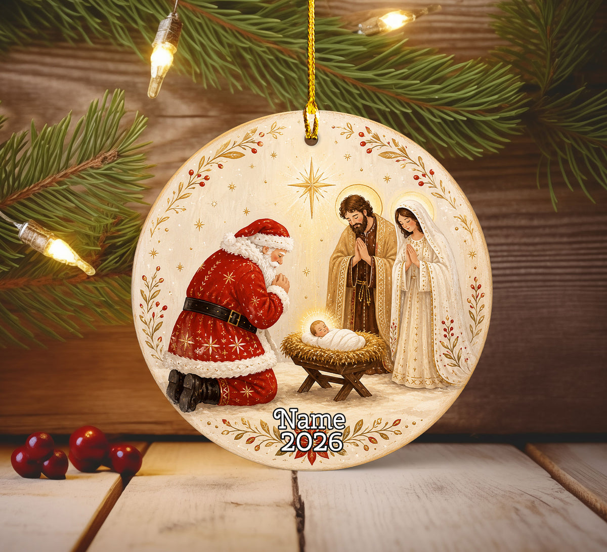 Nativity Christmas Ornament 2026, Santa and Baby Jesus Religious Ornament, Holy Family Christmas Tree Decor