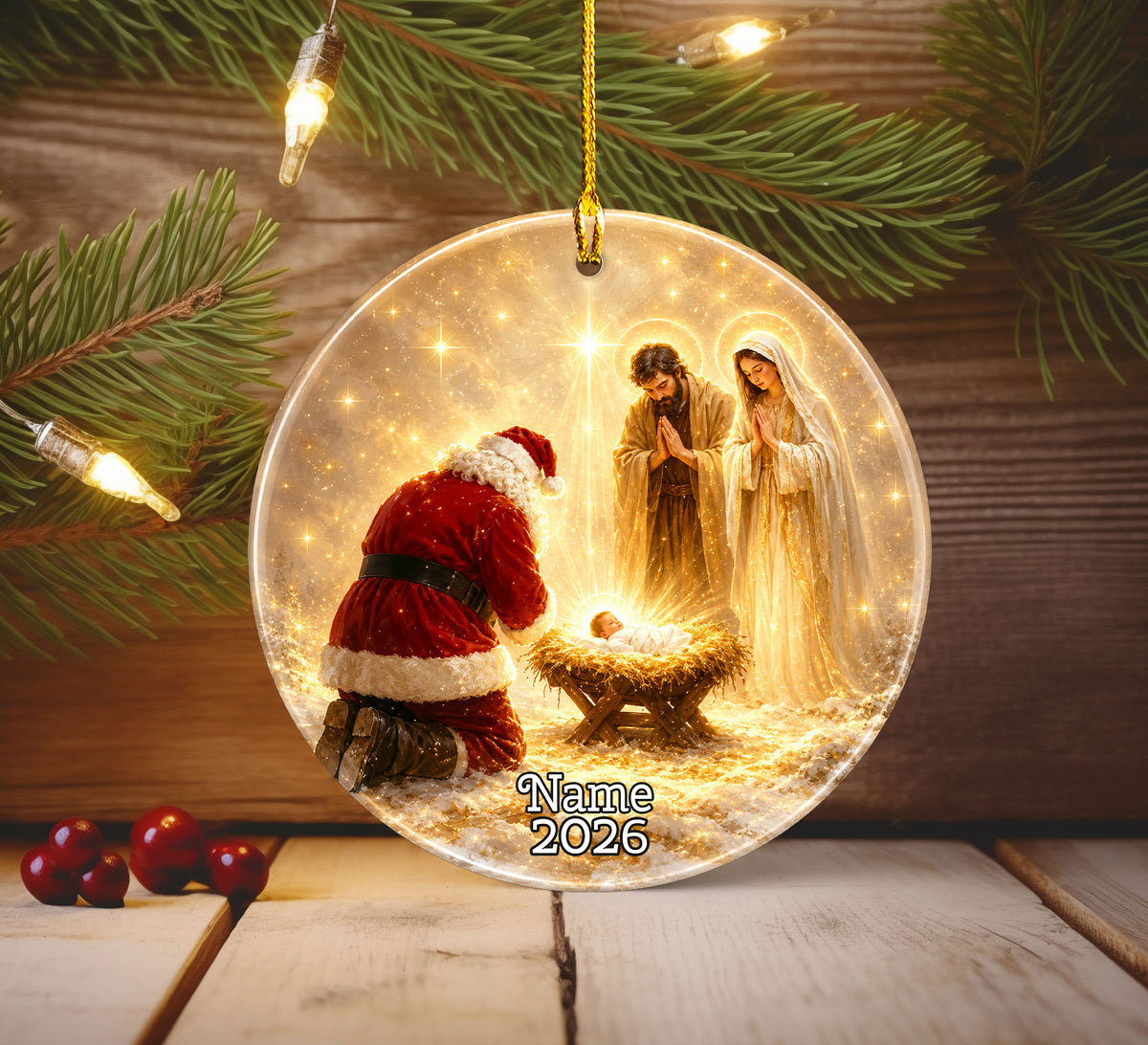 Religious Christmas Ornament 2026 with Santa and Nativity Scene, Baby Jesus Holy Family Christmas Tree Decoration, Christian Gift