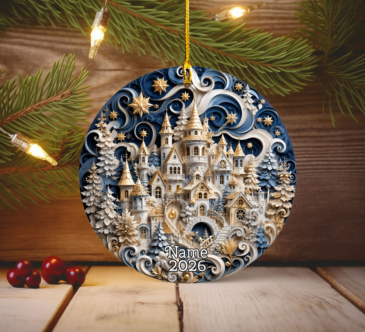 Blue Winter Christmas Ornament 2026, Snowy Castle Tree Ornament, Christmas Village Holiday Decoration