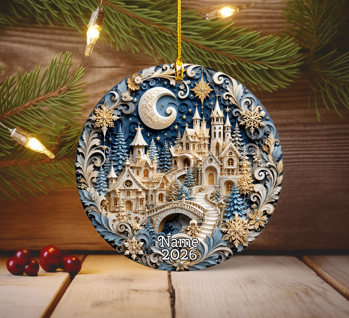 Snowy Christmas Village Ornament 2026, Blue Castle Christmas Tree Decor, Holiday Ornament Keepsake, Winter Christmas Gift for Loved Ones