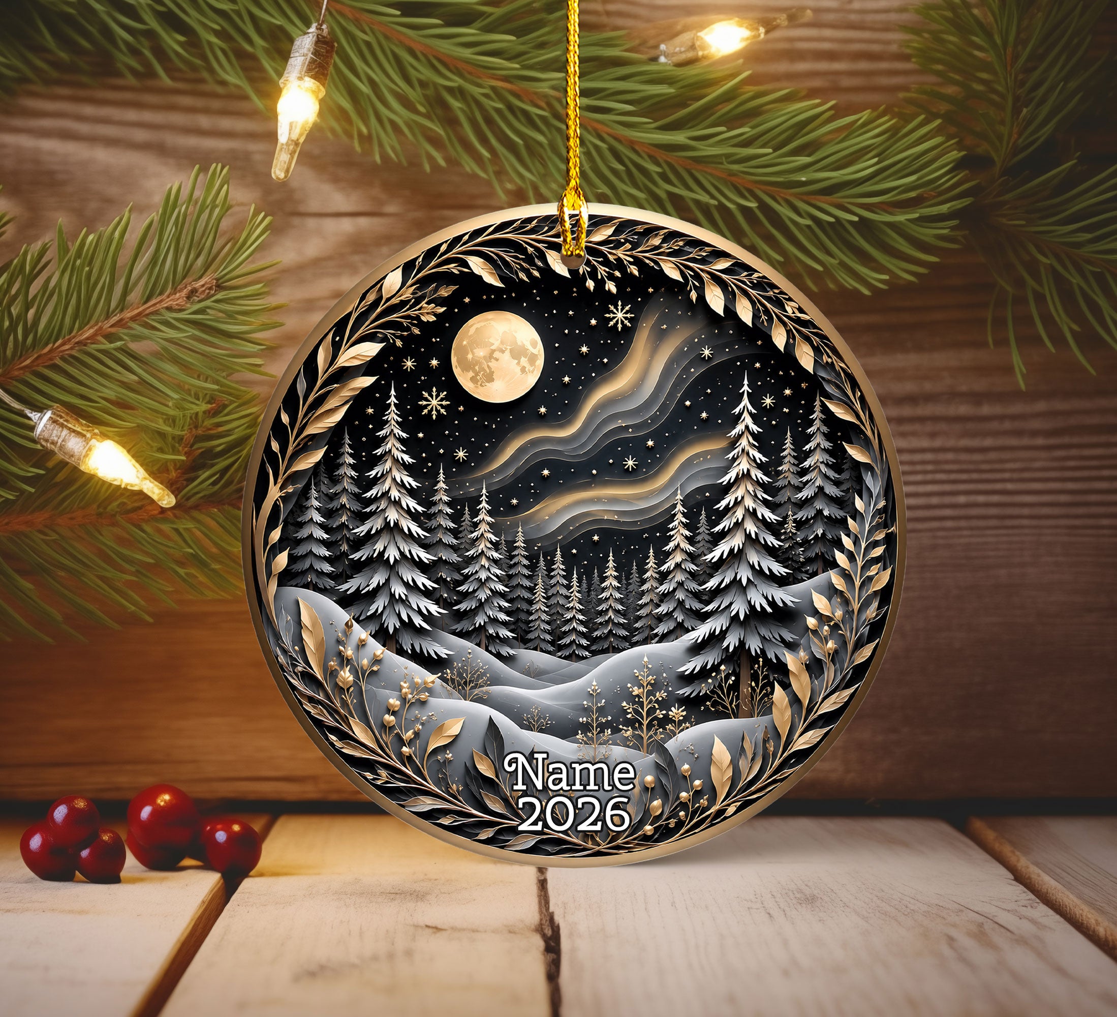 Christmas Tree Ornament 2026, Winter Forest Scence Ornament, Gold Black Christmas Decor, Holiday Keepsake Gift for Family and Friends