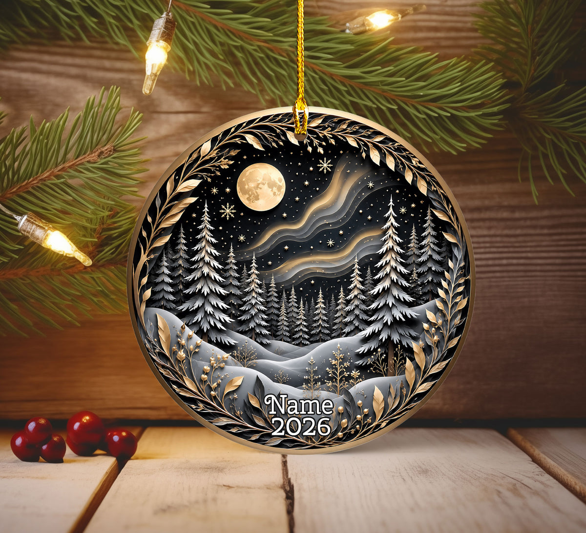 Christmas Tree Ornament 2026, Winter Forest Scence Ornament, Gold Black Christmas Decor, Holiday Keepsake Gift for Family and Friends