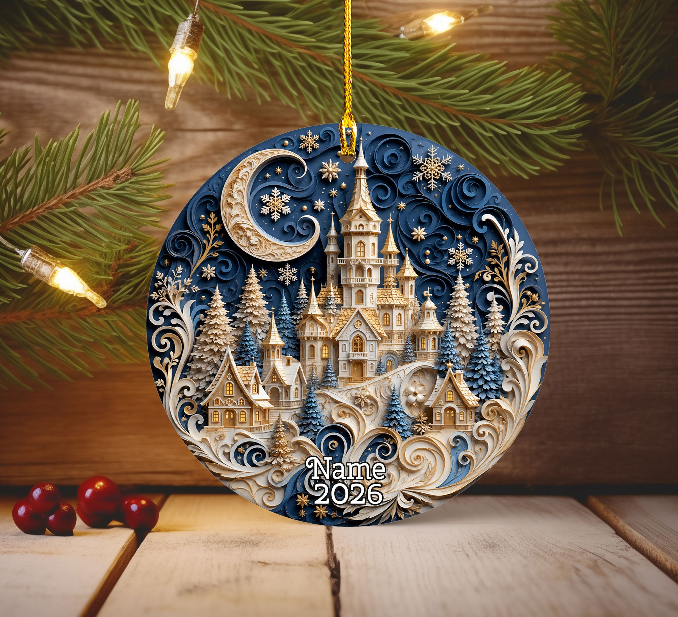 Blue Christmas Castle Ornament 2026, Winter Castle Christmas Ornament, Snowy Village Tree Decor, Holiday Keepsake Gift