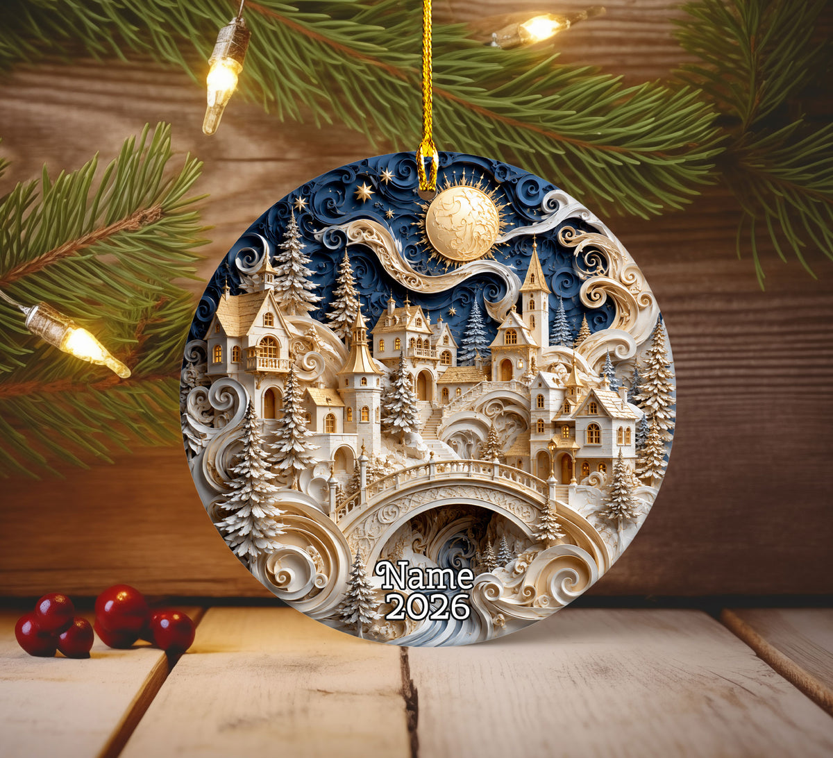 Winter Castle Christmas Ornament 2026, Blue and White Christmas Tree Ornament, Snowy Holiday Village Decor, Festive Keepsake Gift for Family