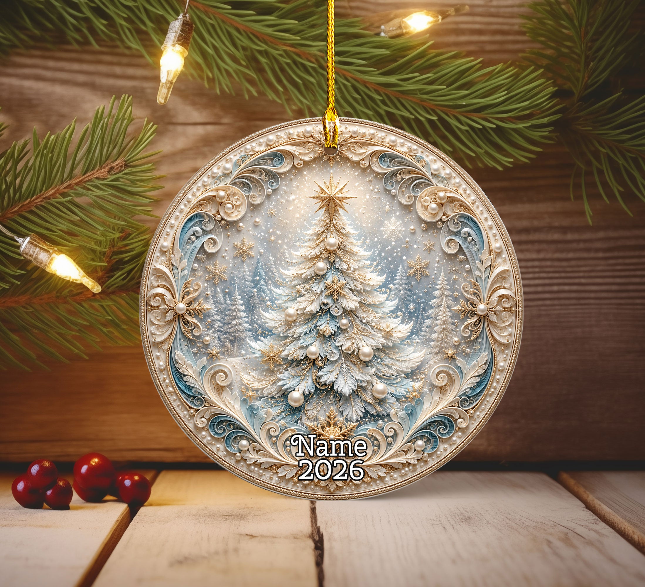 Snowy Christmas Tree Ornament 2026, Elegant White Christmas Ornament, Winter Holiday Decoration, Christmas Tree Keepsake
