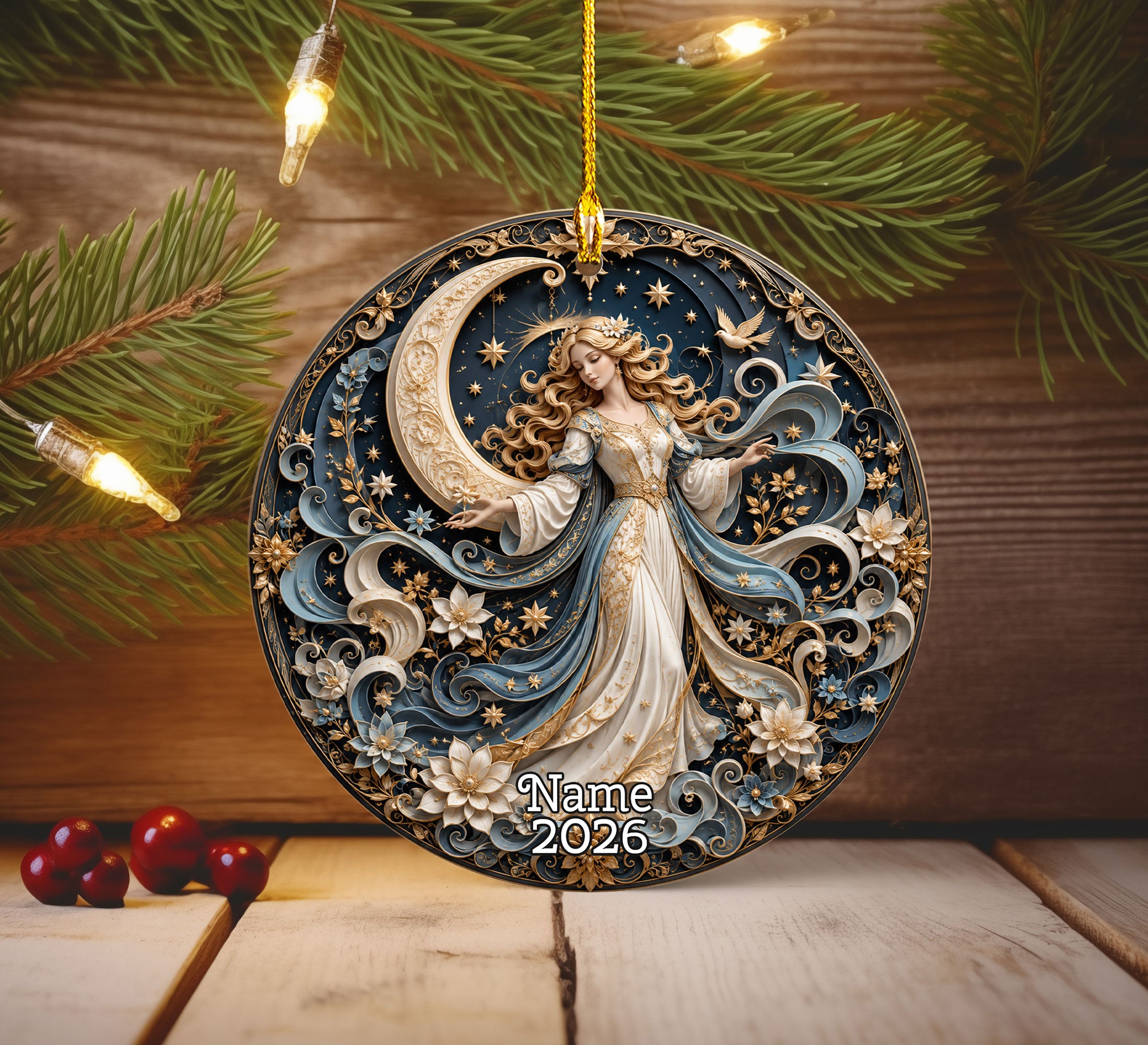 Elegant Christmas Ornament 2026, Angel with Moon and Stars Ornament, Holiday Tree Decoration
