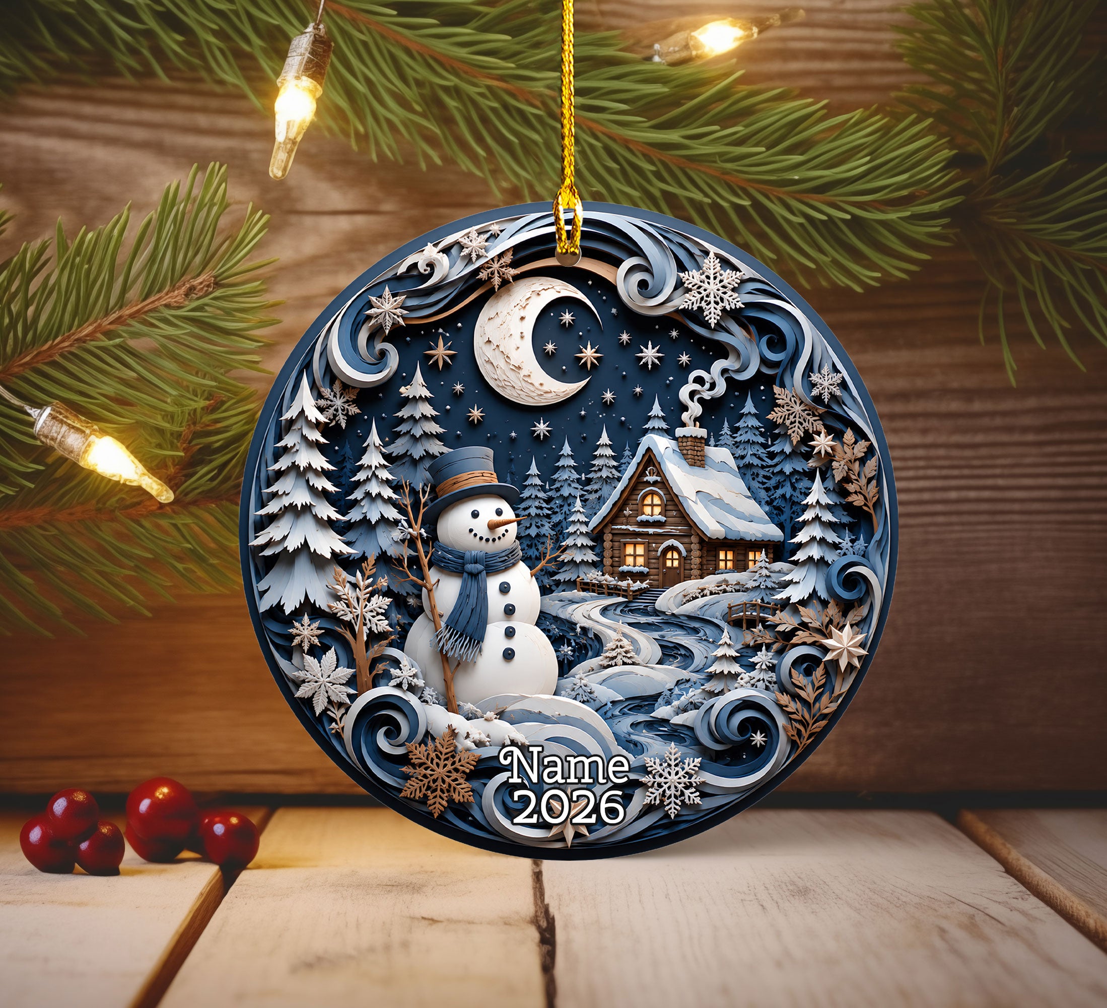 2026 Christmas Ornament with Snowman, Winter Village Christmas Tree Ornament, Ceramic Holiday Decoration