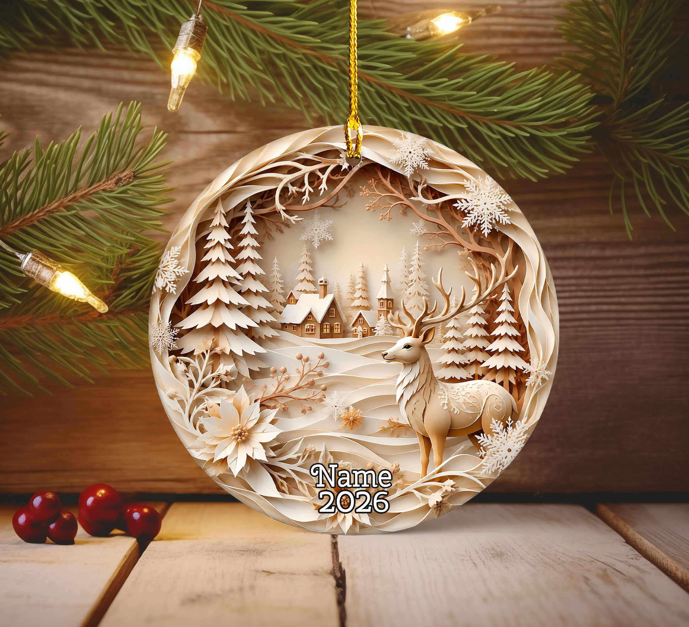 Winter Christmas Ornament 2026, Deer Village Ornament, Holiday Tree Decoration, Christmas Keepsake Gift