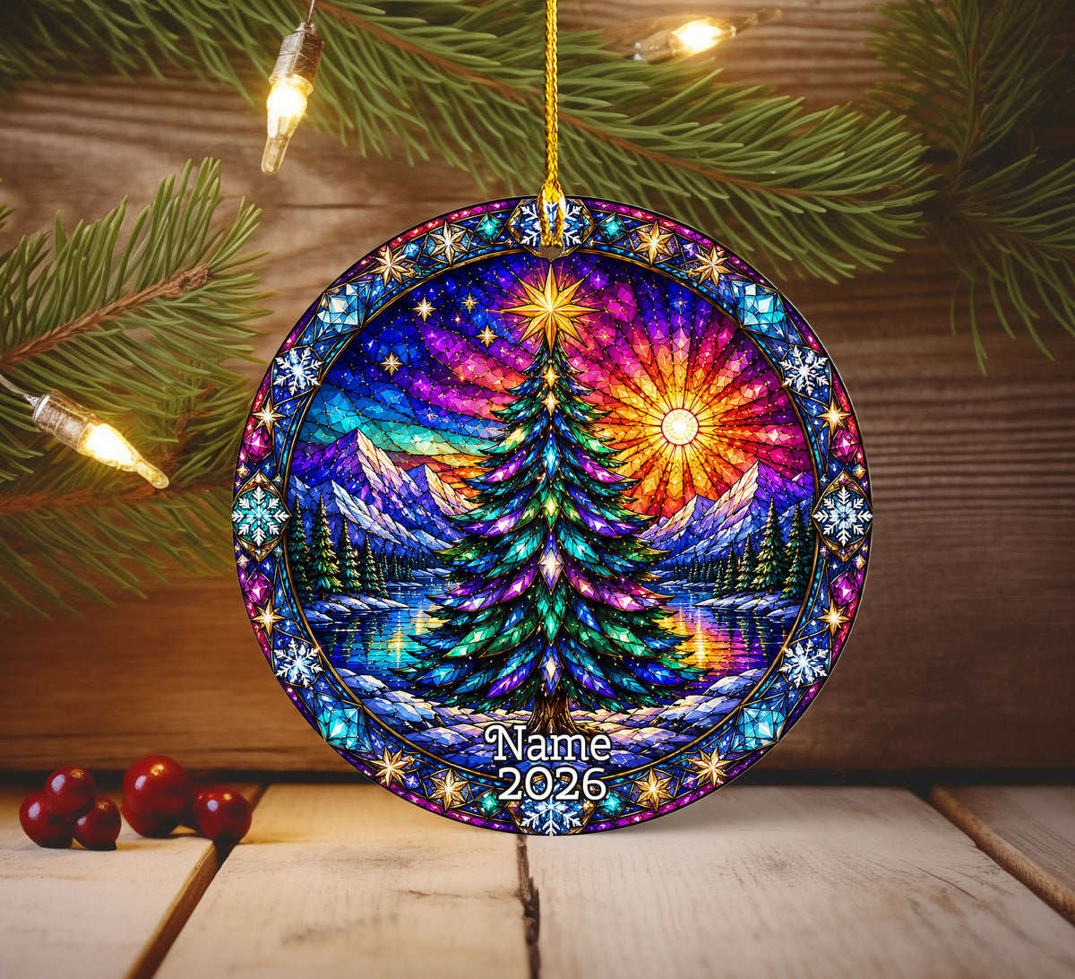 Colorful Stained Glass Christmas Tree Ornament 2026, Winter Mountain Lake Suncatcher Style, Holiday Decor