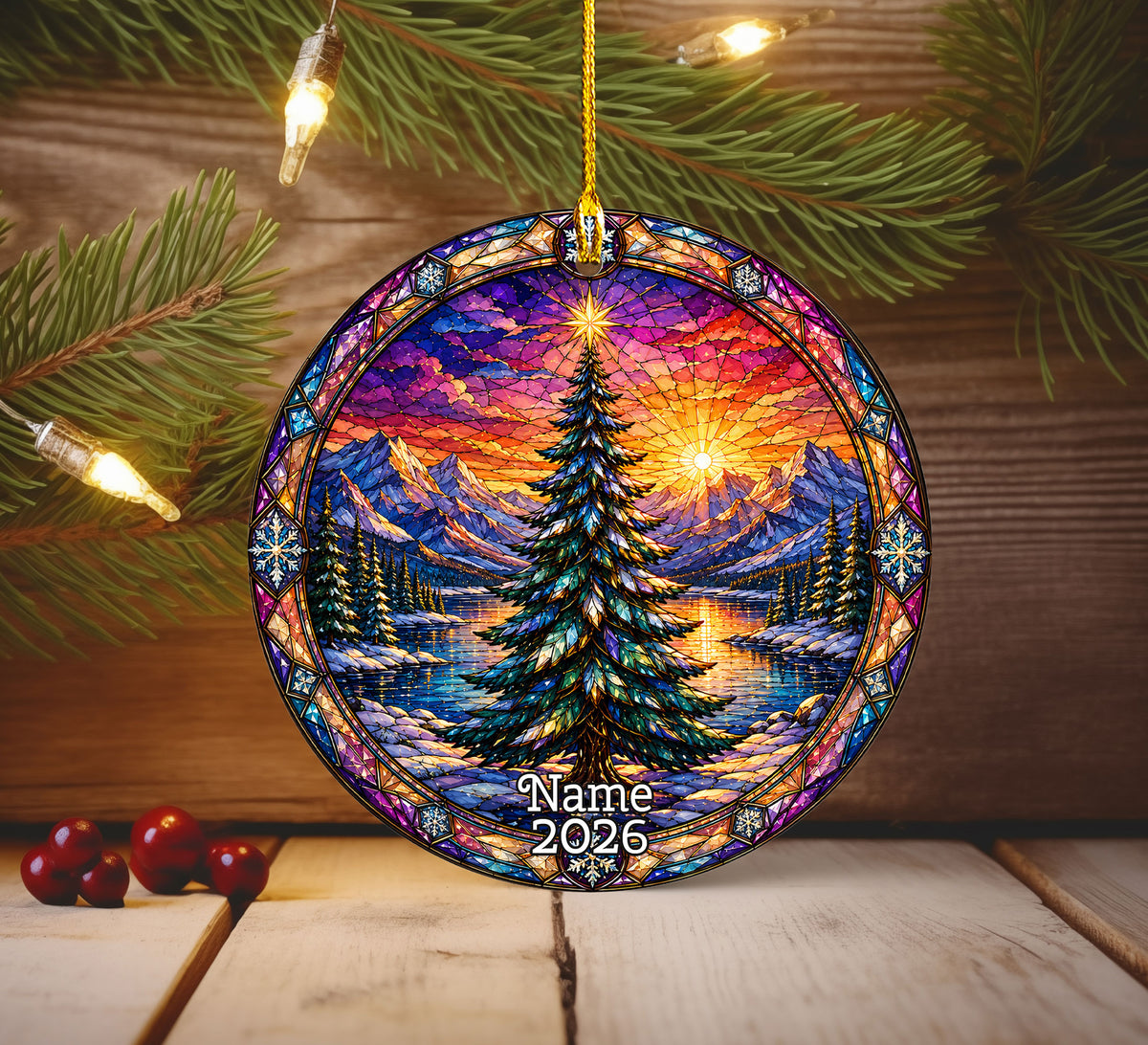 Colorful Christmas Tree Ornament 2026, Stained Glass Style Holiday Ornament, Winter Landscape Decor