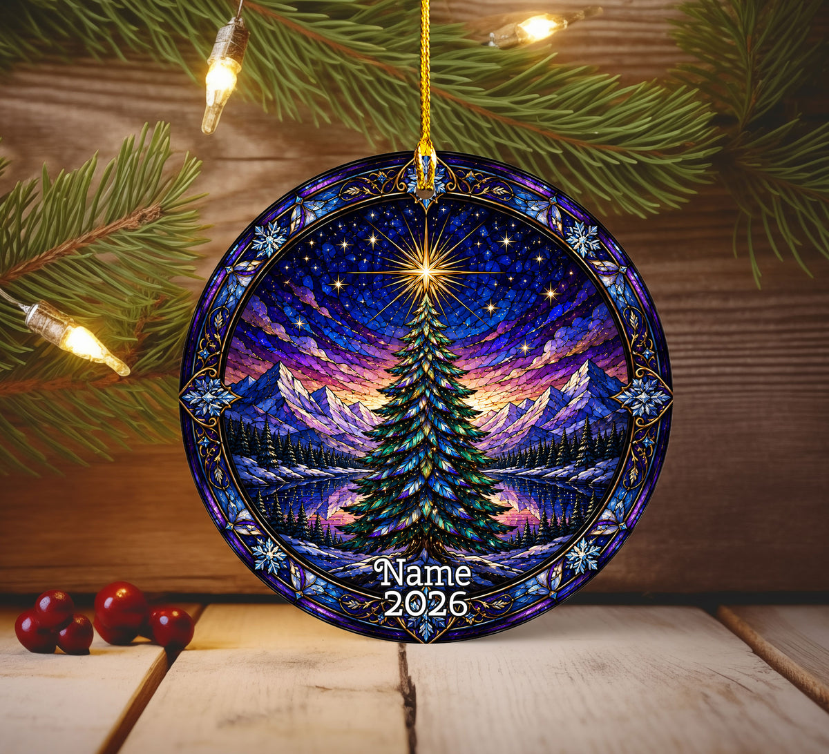 Christmas Tree Suncatcher Style Ornament 2026, Colorful Winter Mountain Scene Decoration