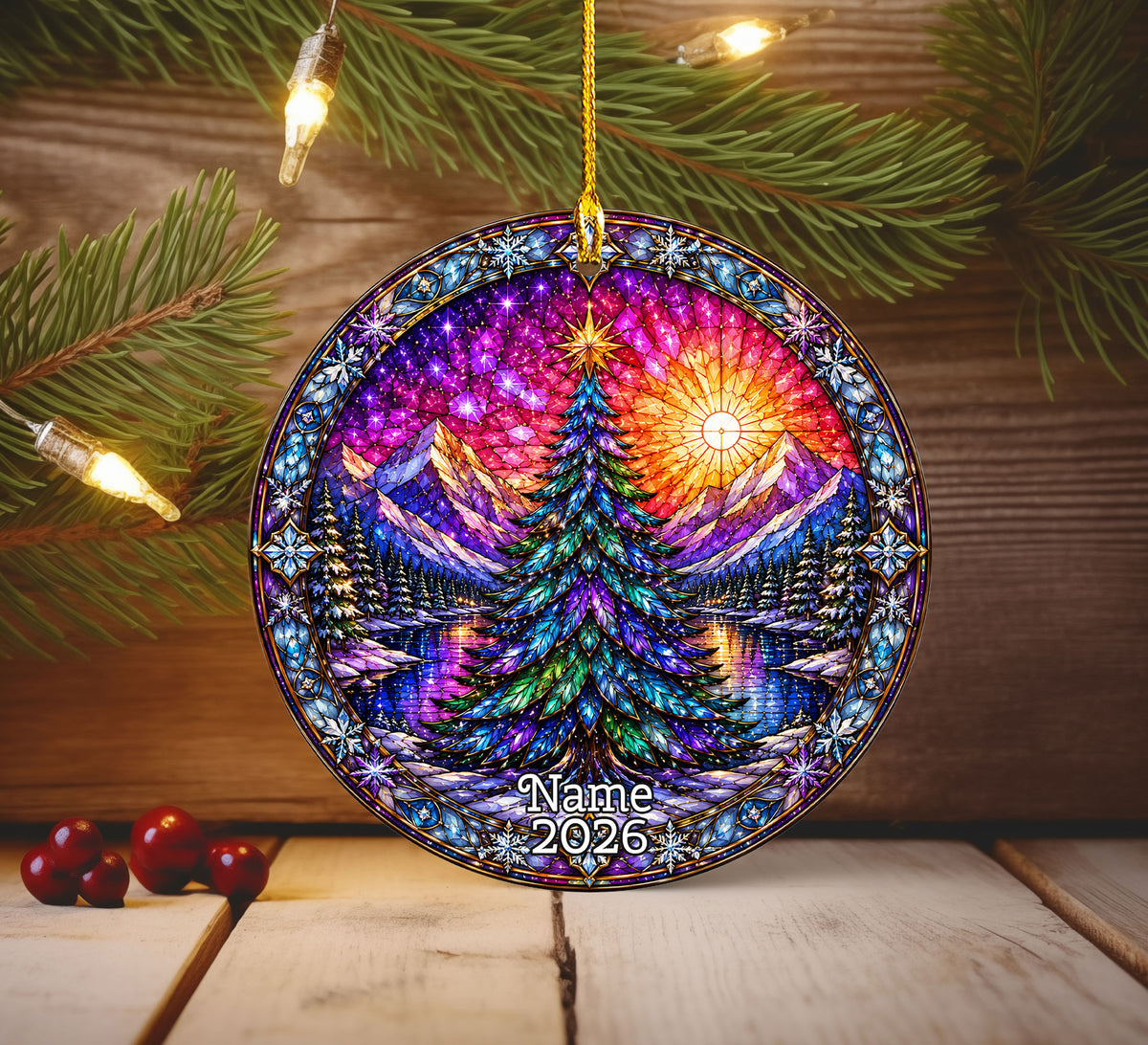 Stained Glass Style Christmas Ornament 2026, Colorful Evergreen Tree with Mountain Lake, Holiday Tree Decoration