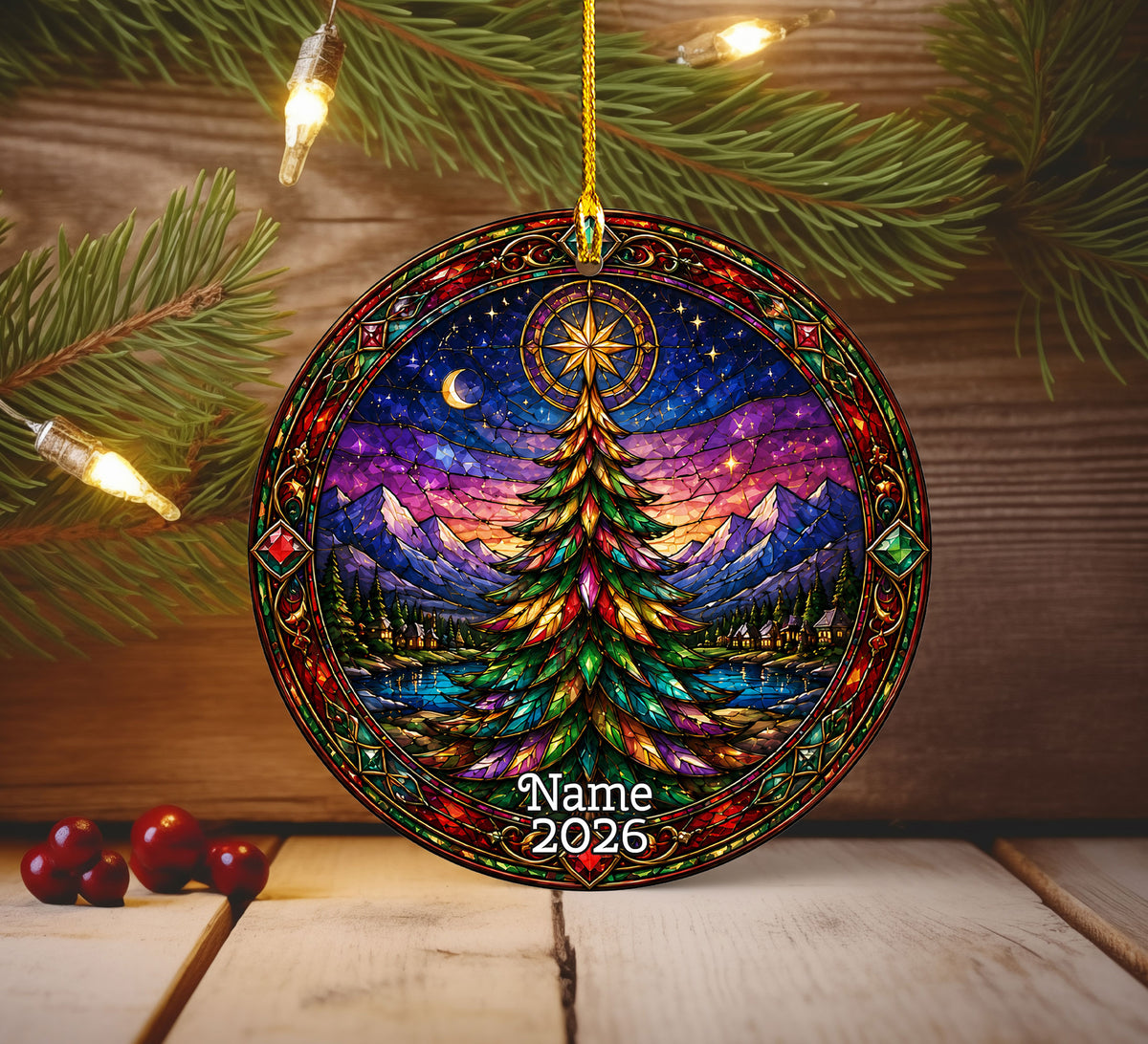 Christmas Tree Holiday Ornament 2026, Colorful Stained Glass Inspired Winter Scene, Festive Christmas Decoration