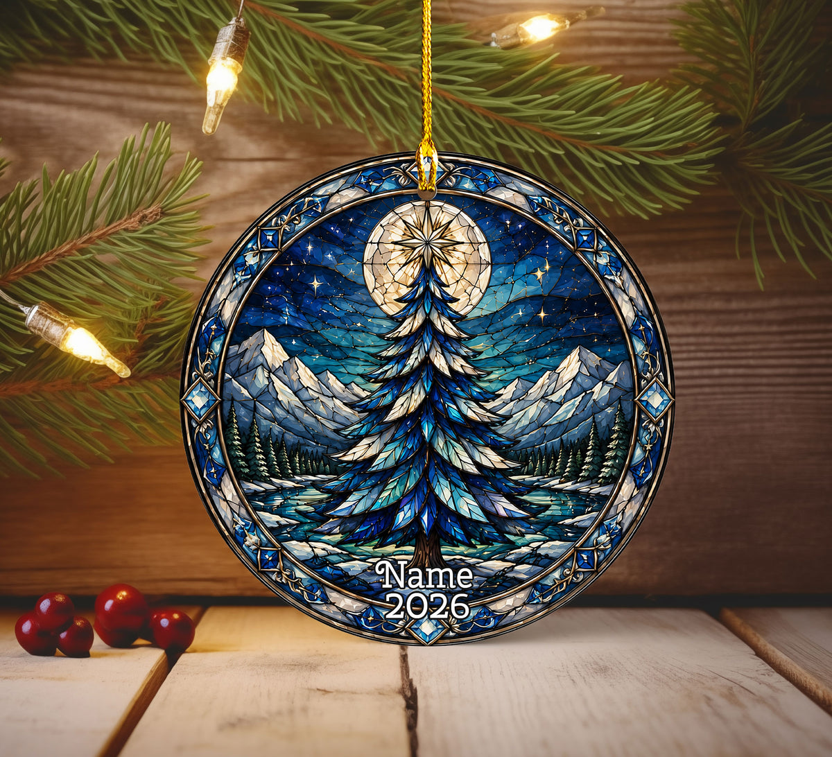Winter Christmas Tree Ornament 2026, Colorful Mountain Landscape Holiday Decor, Stained Glass Inspired Christmas Gift