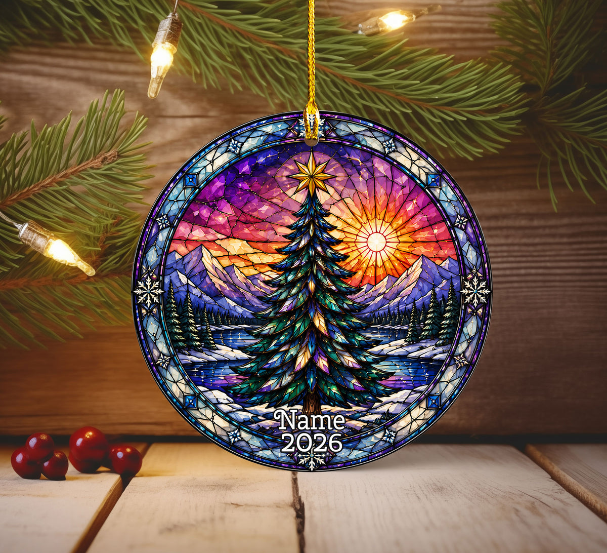 Christmas Ornament 2026 with Colorful Christmas Tree, Winter Lake Landscape Decoration, Holiday Tree Keepsake