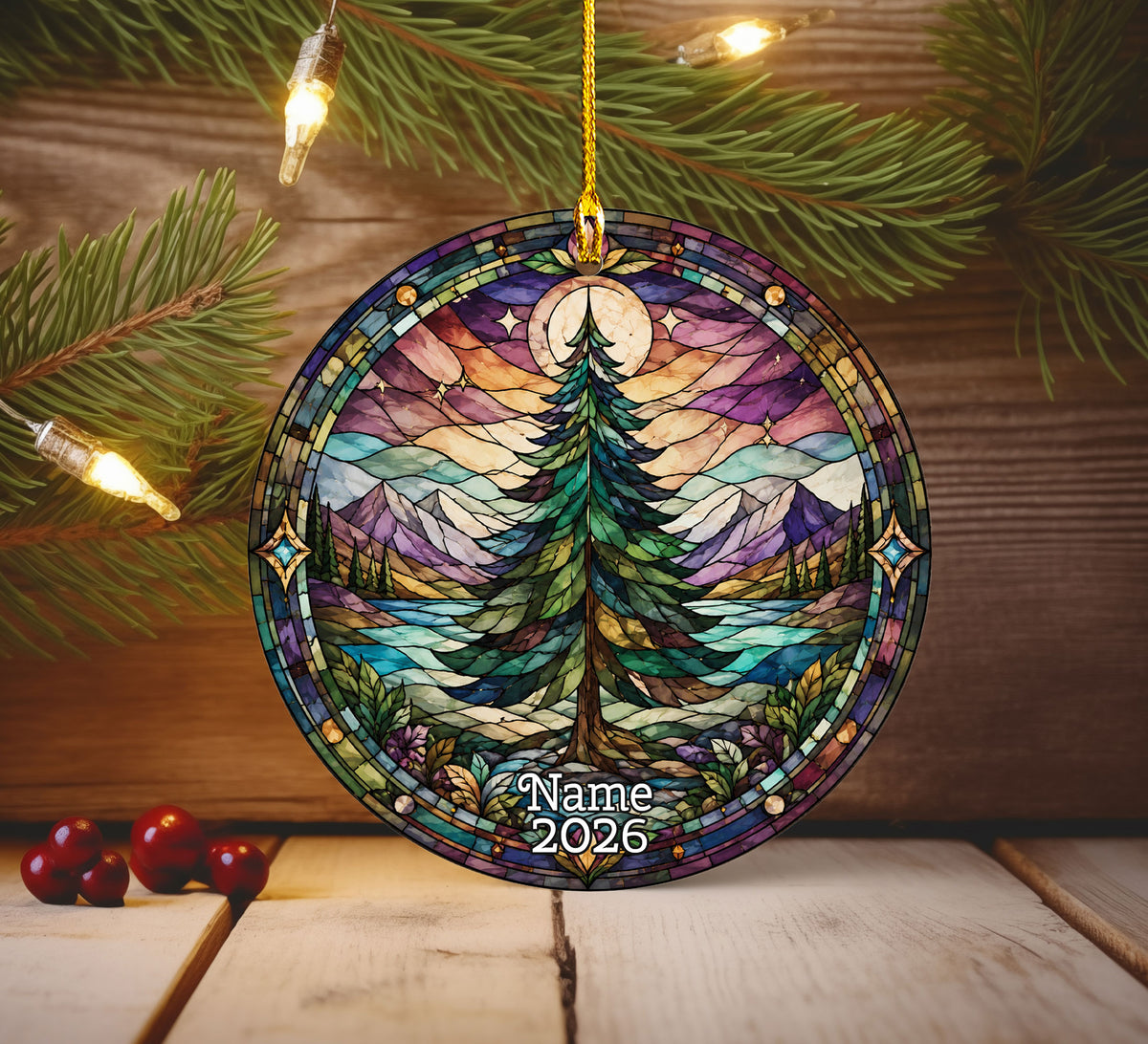 Vintage Christmas Tree Ornament 2026, Holiday Winter Landscape Decor, Stained Glass Inspired Christmas Keepsake